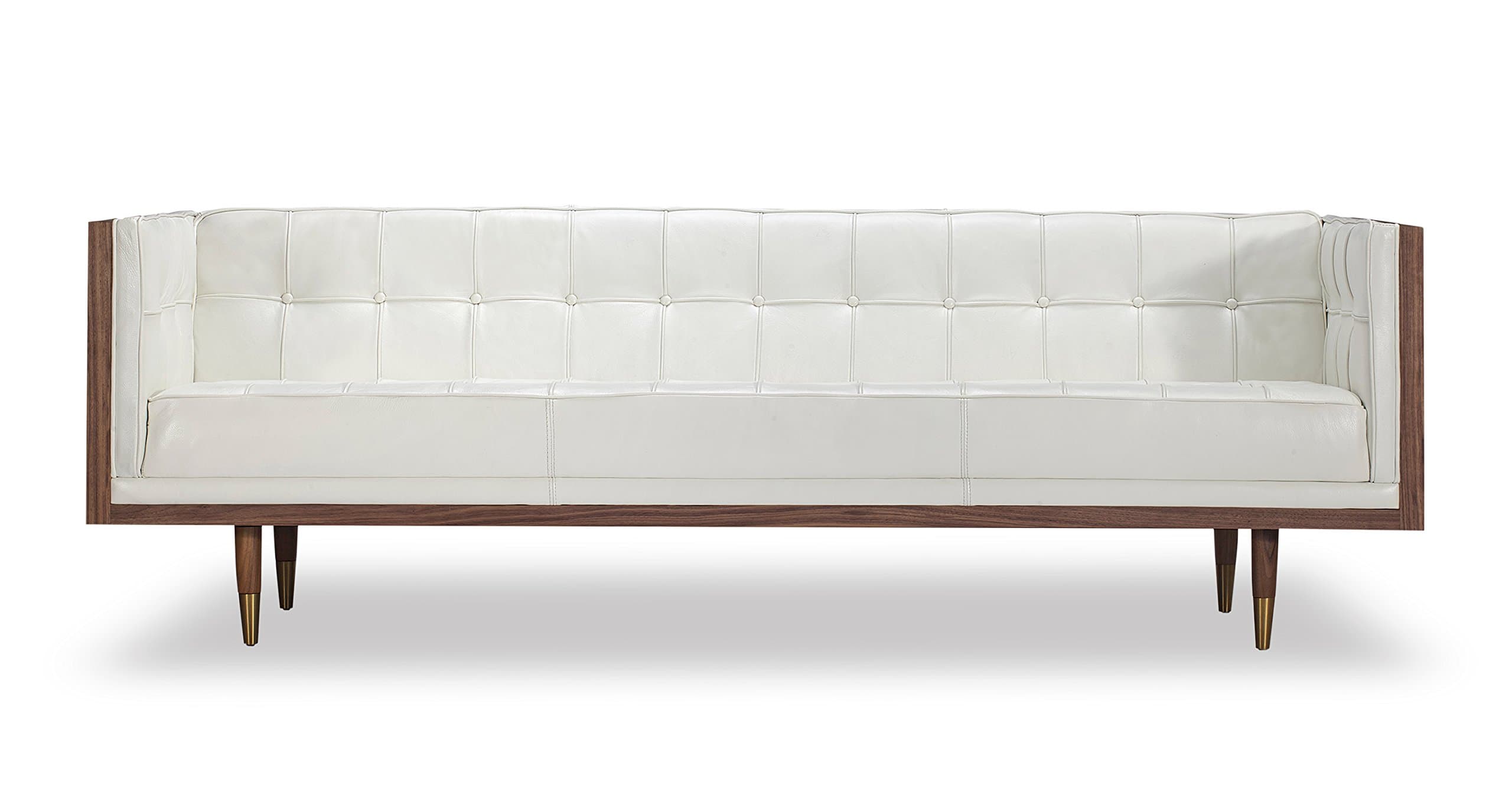 Woodrow Midcentury Modern Box Sofa, White Aniline Leather/Walnut