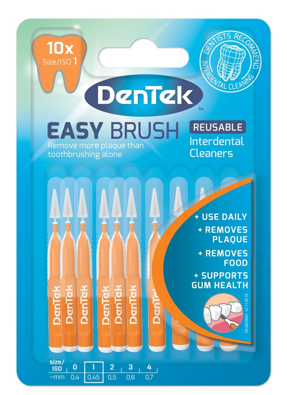 DenTek Easy Brush Interdental Brushes, ISO1/0.45mm for removing food and plaque between teeth. 10 Pack
