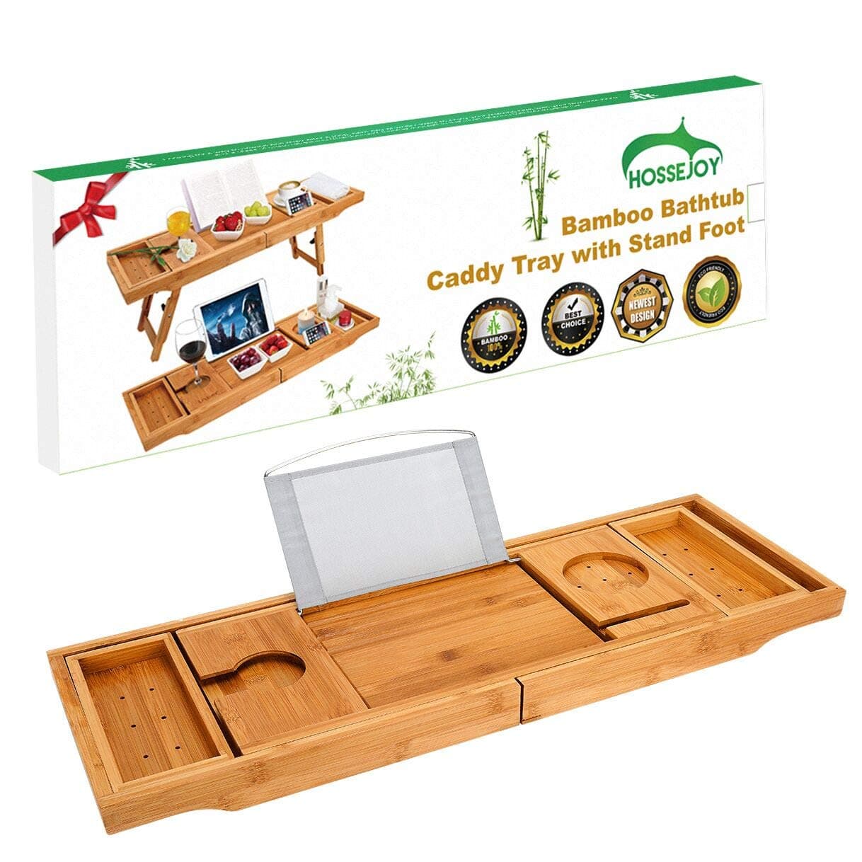 Luxury Bamboo Bathtub Caddy Bath Tub Tray Bridge Shower Shelves Organizer Tray with Stand Foot, Extending Sides Built in Book Tablet Integrated Wineglass Holder Phone Tray & Accessories Placement