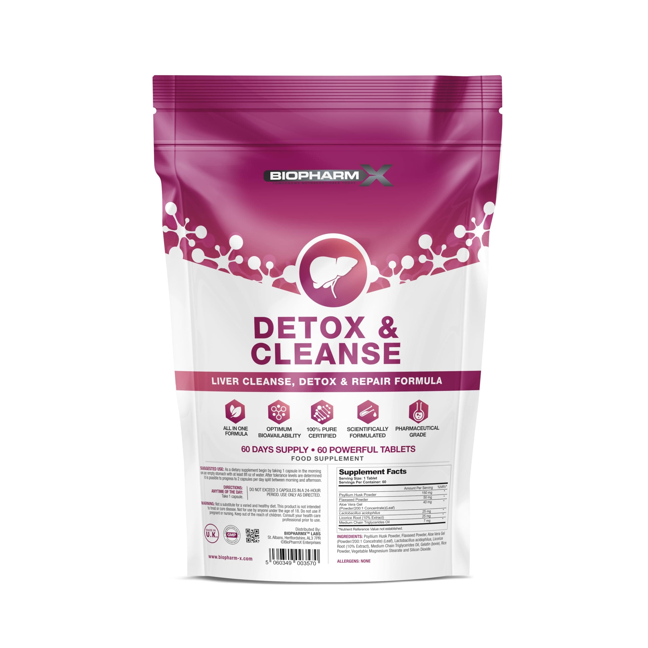 Liver Detox, Cleanse & Repair (60 Tablets) 100% Herbal & Natural Ingredients - Manufactured in The UK by BioPharmX