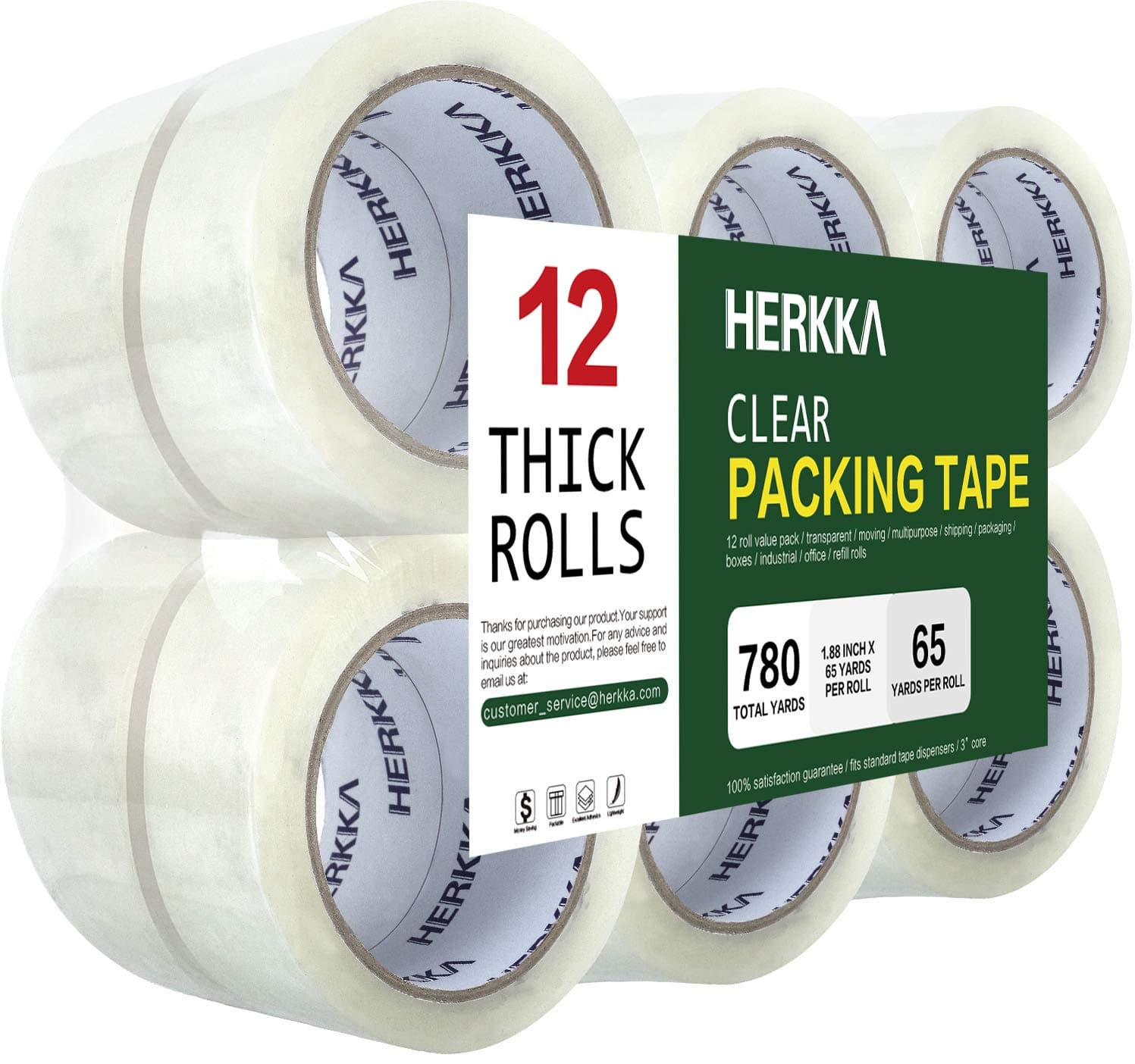 - HERKKA Clear Packing Tape, 12 Rolls Heavy Duty Packaging Tape for Shipping Packaging Moving Sealing, Thicker Clear Packing Tape, 1.88 inches Wide, 65 Yards Per Roll, 780 Total Yards