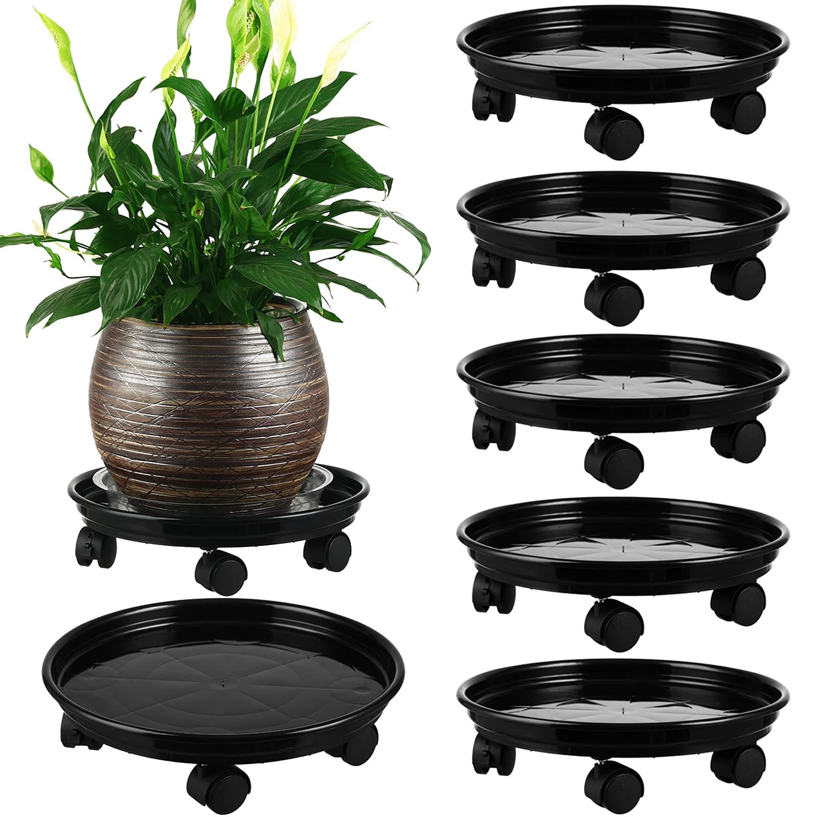 6 Packs Plant Caddy with Wheels 11.8" Plastic Rolling Plant Dolly Coasters Heavy-duty Wheeled Planter Mover Rollers Indoor Outdoor Wheeled Flower Pot Base Suacers with Casters, Black