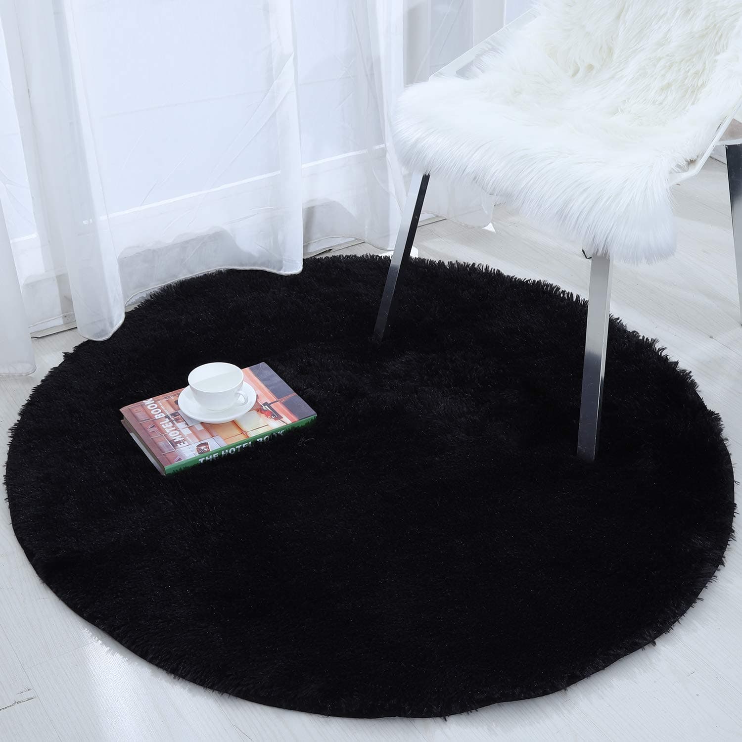 Softlife Fluffy Soft Round Bedroom Rugs 4 x 4 Feet Shaggy Circle Area Rug for Girls Boys Kids Room Nursery Princess Castle Living Room Home Decor Circular Floor Carpet, Black