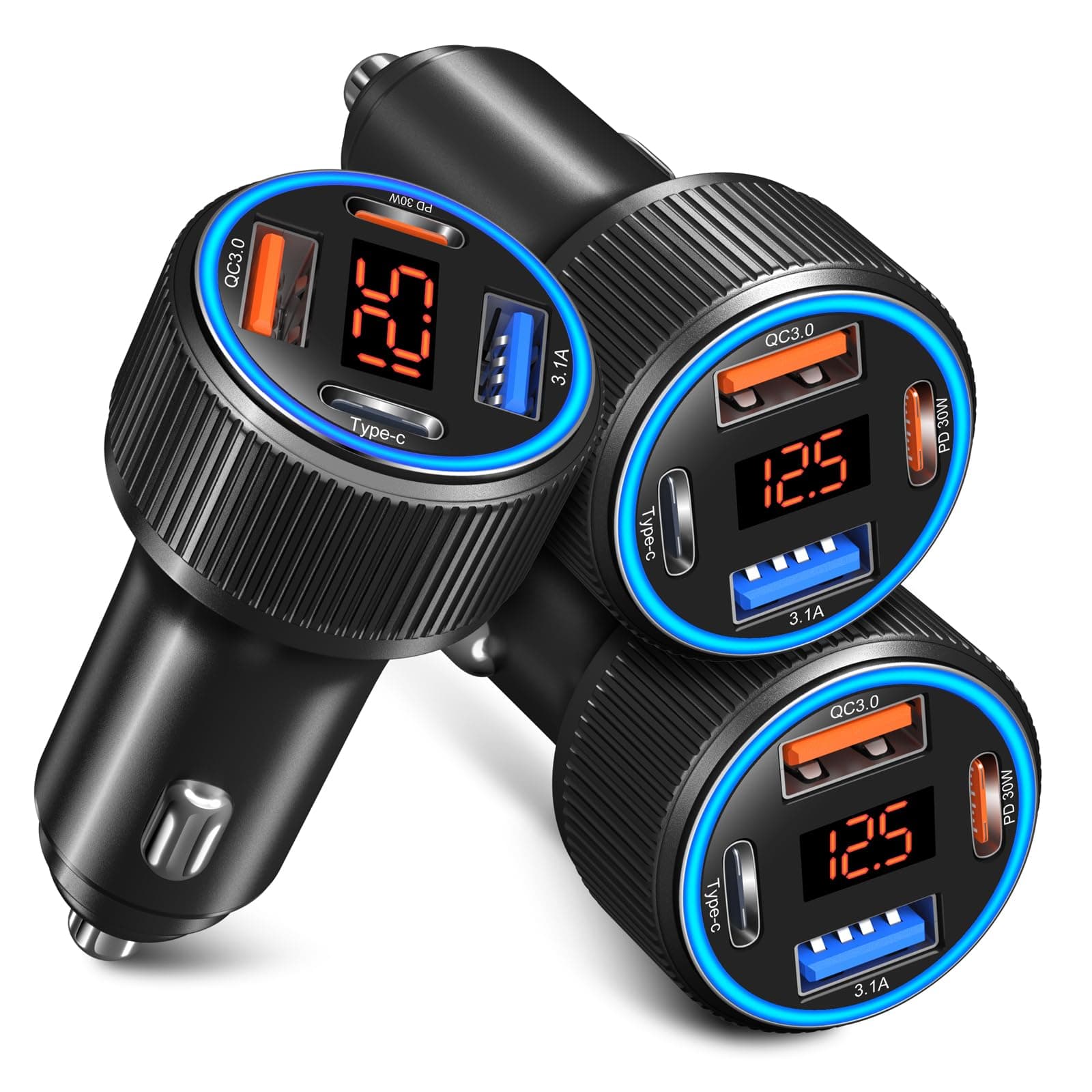 USB C Car Charger 3 Pack, Costyle 65W 4 Port Car Power Adapter with Voltmeter PD 30W/QC 3.0 Fast Charging Cigarette Lighter USB Charger Plug for iPhone 16/15/14/13/12/11 Pro Max/Pad,Android(Black)