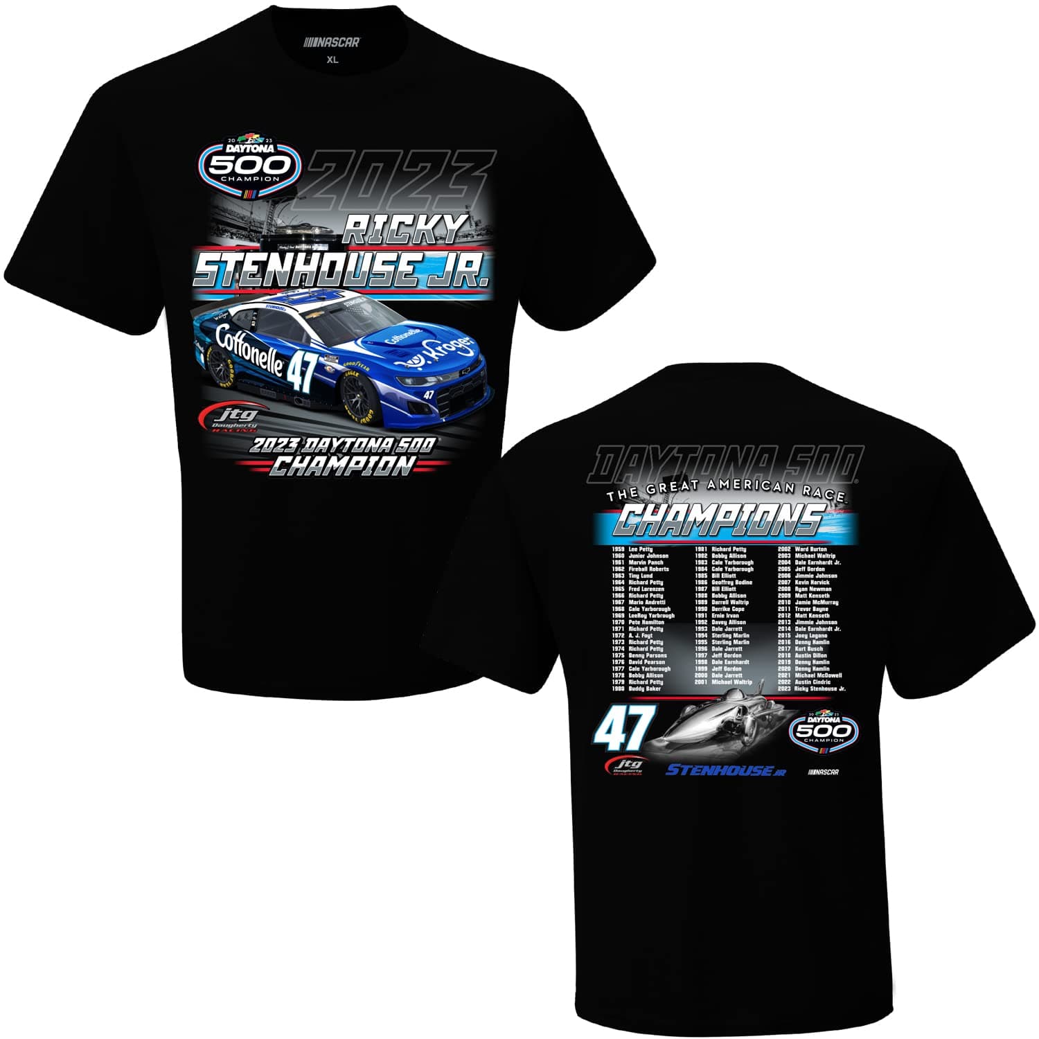 Checkered Flag SportsRicky Stenhouse Jr. #47 and Past Champions Official 2023 Daytona 500 Nascar Winner 2 Sided Adult Black T-Shirt