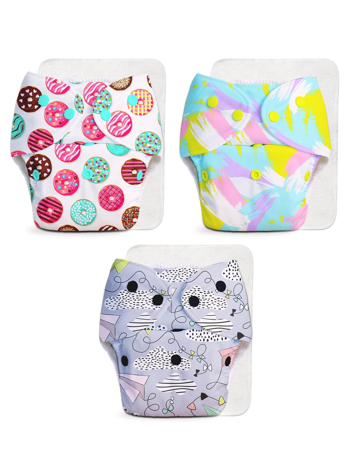 Superbottoms Basic Leakage-proof advanced cloth diapers for babies, High Absorbent 100% cotton 3 reusable diaper and 3 insert pad Combo Pack washable cloth diaper 3M -3Years Adjustable, Reduces Rash