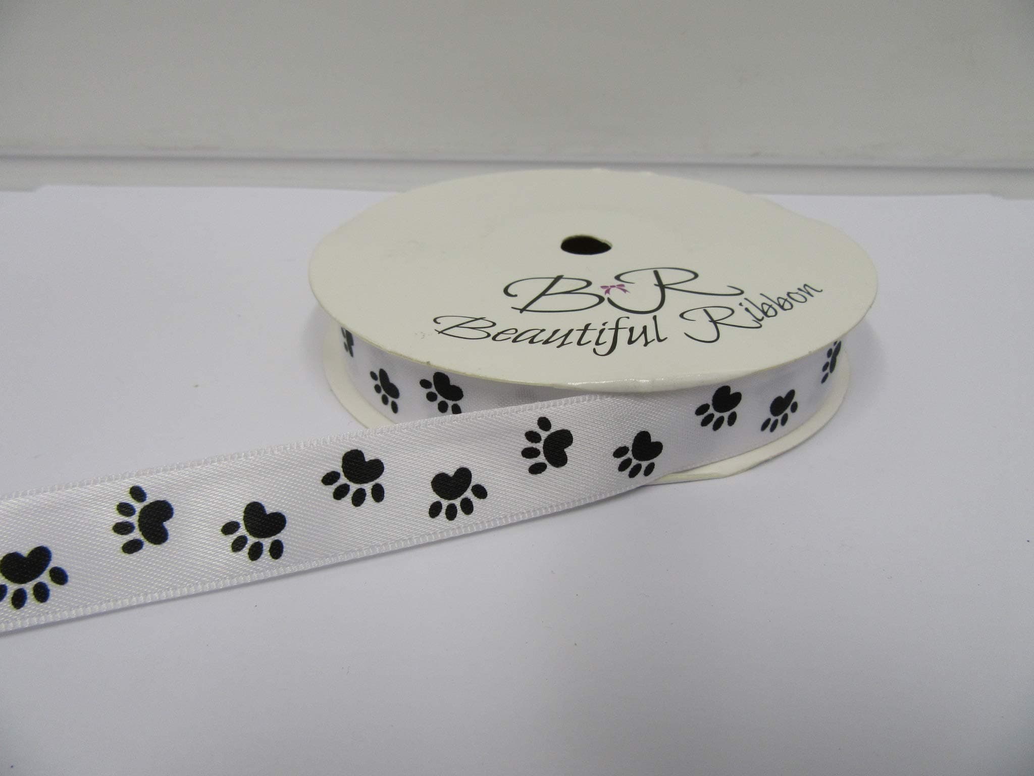 2 metres of 15mm White with Black Paw Print Satin Ribbon Dog Cat Pet 15 mm 1.5cm