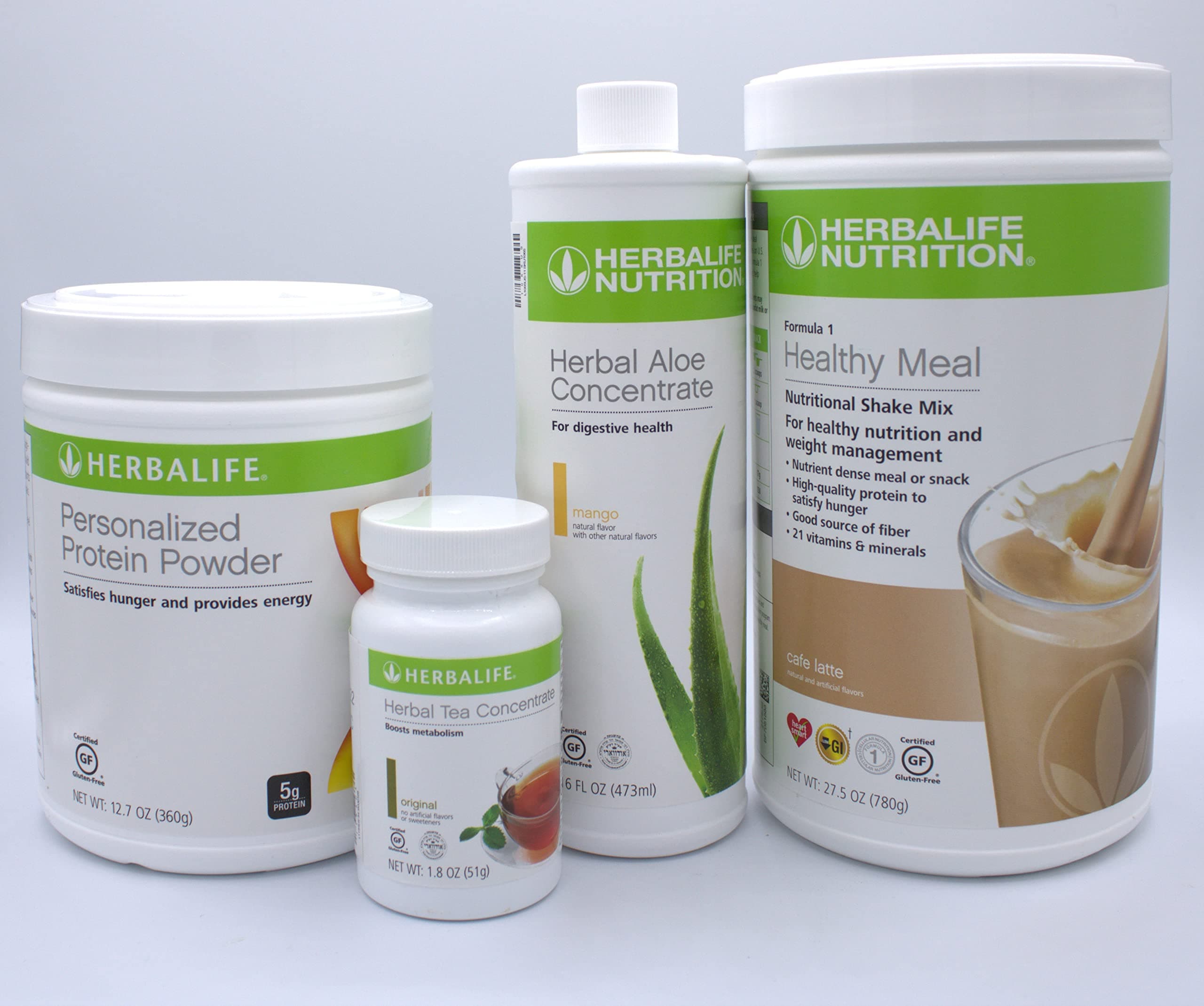 Herbalife Four Combo Formula 1 (Cafe Latte 780g) Healthy Nutritional Shake Mix-Herbal Aloe Concentrate Pint 473ml-Personalized Protein Powder 360g and Herbal Tea Concentrate 51g