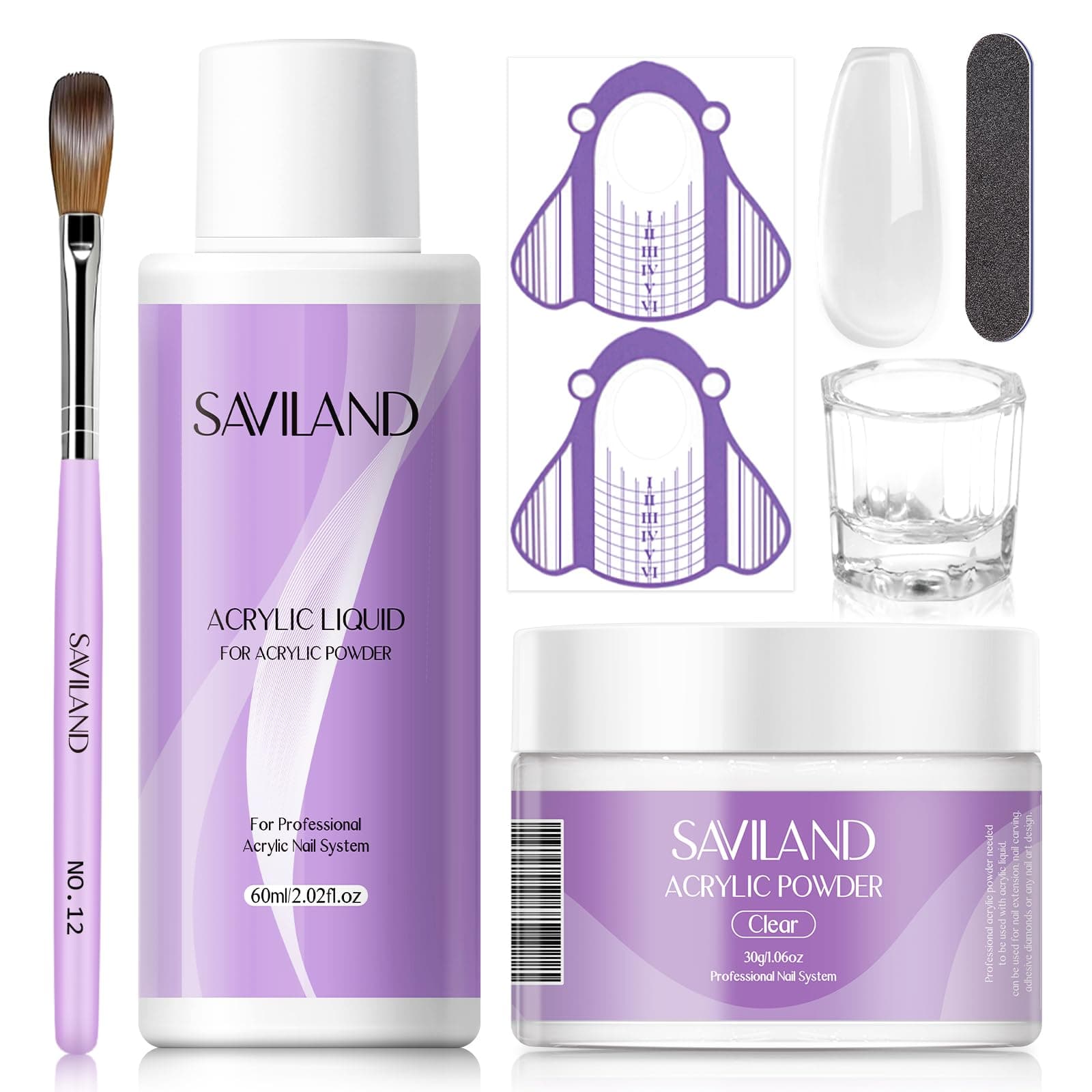 Saviland Acrylic Nail Set - 30g Clear Acrylic Powder and 60ml Acrylic Liquid Set with Acrylic Nail Brush Nail Shapes Tools Set Extension Nail Set for Beginners with Everything for Home DIY Salon