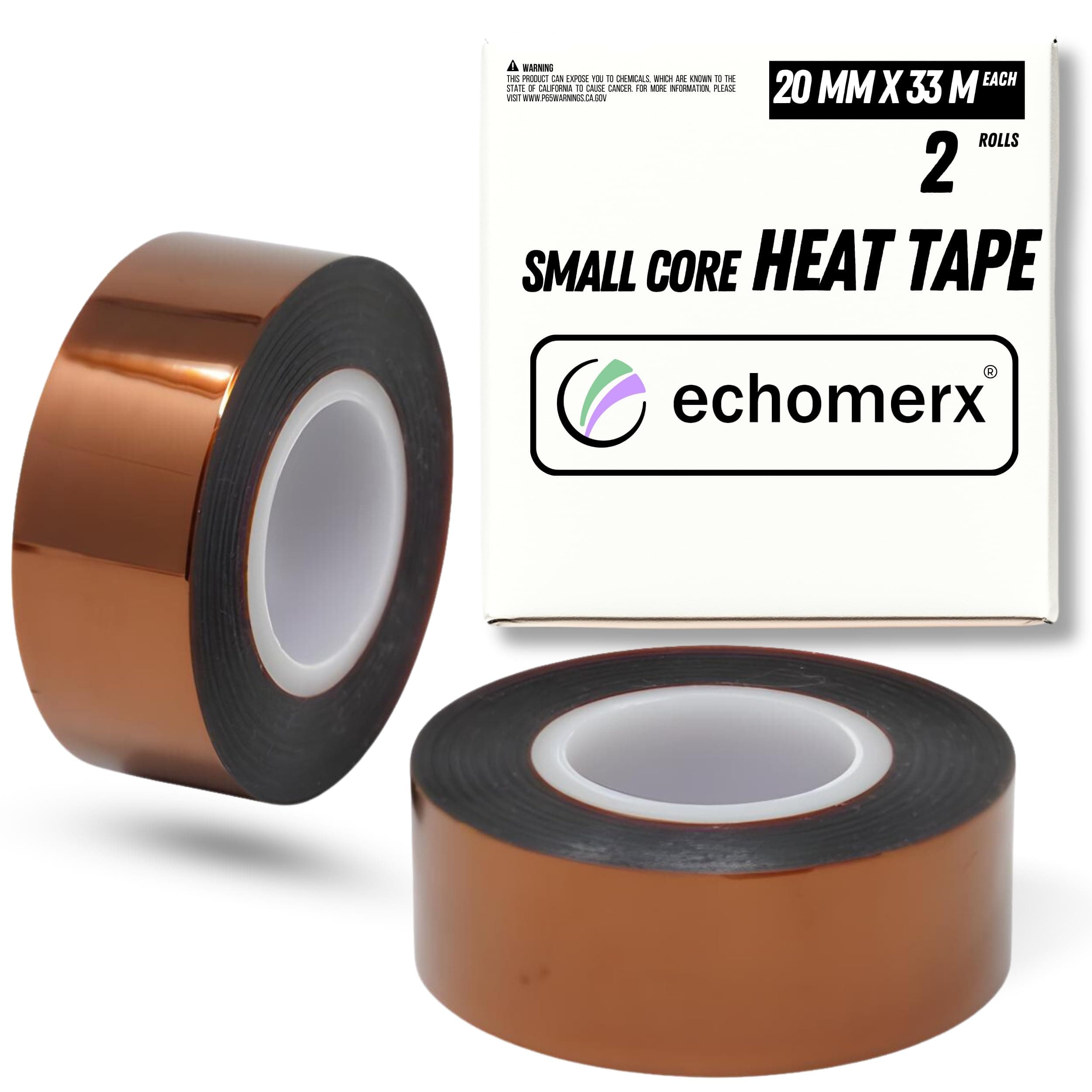 1" Small Core Heat Resistant Tapes - Best for Echomerx Heat Tape Dispenser, Scotch Tape Dispenser, Max. 220°C (428°F), 20 mm x 33 m (108 ft.) roll ea, No Residue, Pack of 2, Heat Tape Only
