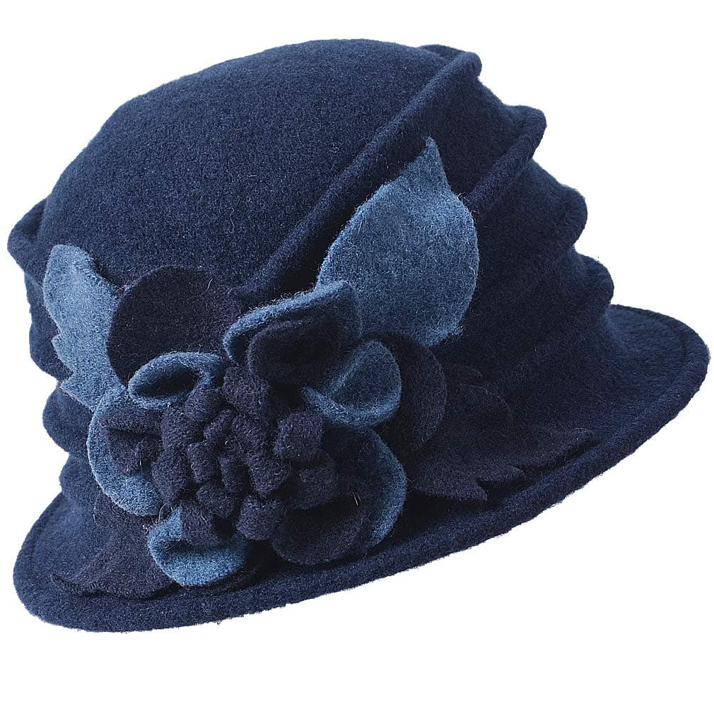 FORBUSITEVintage Women Floral Wool Dress Cloche Winter Hat 1920s, Navy Blue, M