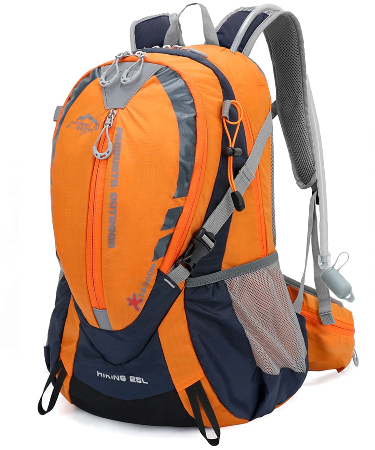 INOXTO Small Hiking Backpack with 2L Water Bladder and Rain Cover, 25L Hydration Backpack Hiking Daypack (Orange blue)