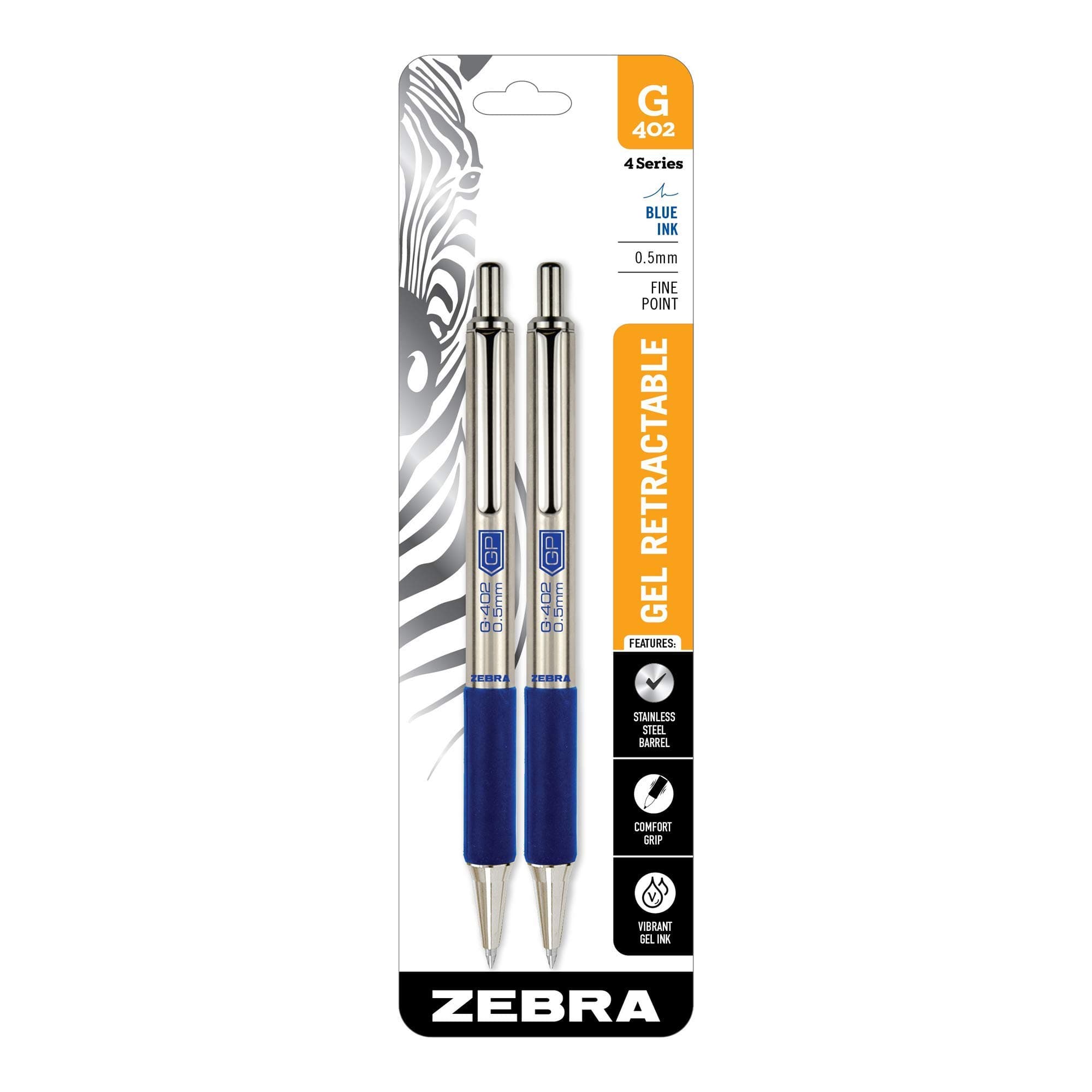 Zebra Pen G-402 Retractable Gel Pen, Stainless Steel Barrel, Fine Point, 0.5mm, Blue Ink, 2-Pack (49922)
