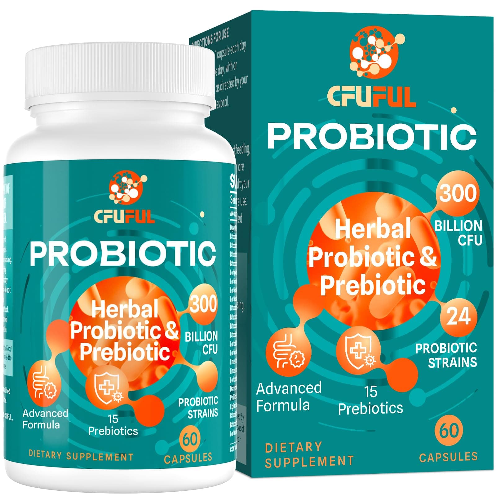Probiotics for Women & Men - 300 Billion CFU, 24 Strains Probiotic + 15 Organic Herbs Prebiotics Blend, for Overall Digestive Gut Health, Immune, Constipation & Bloating, Shelf Stable - 2 Month Supply