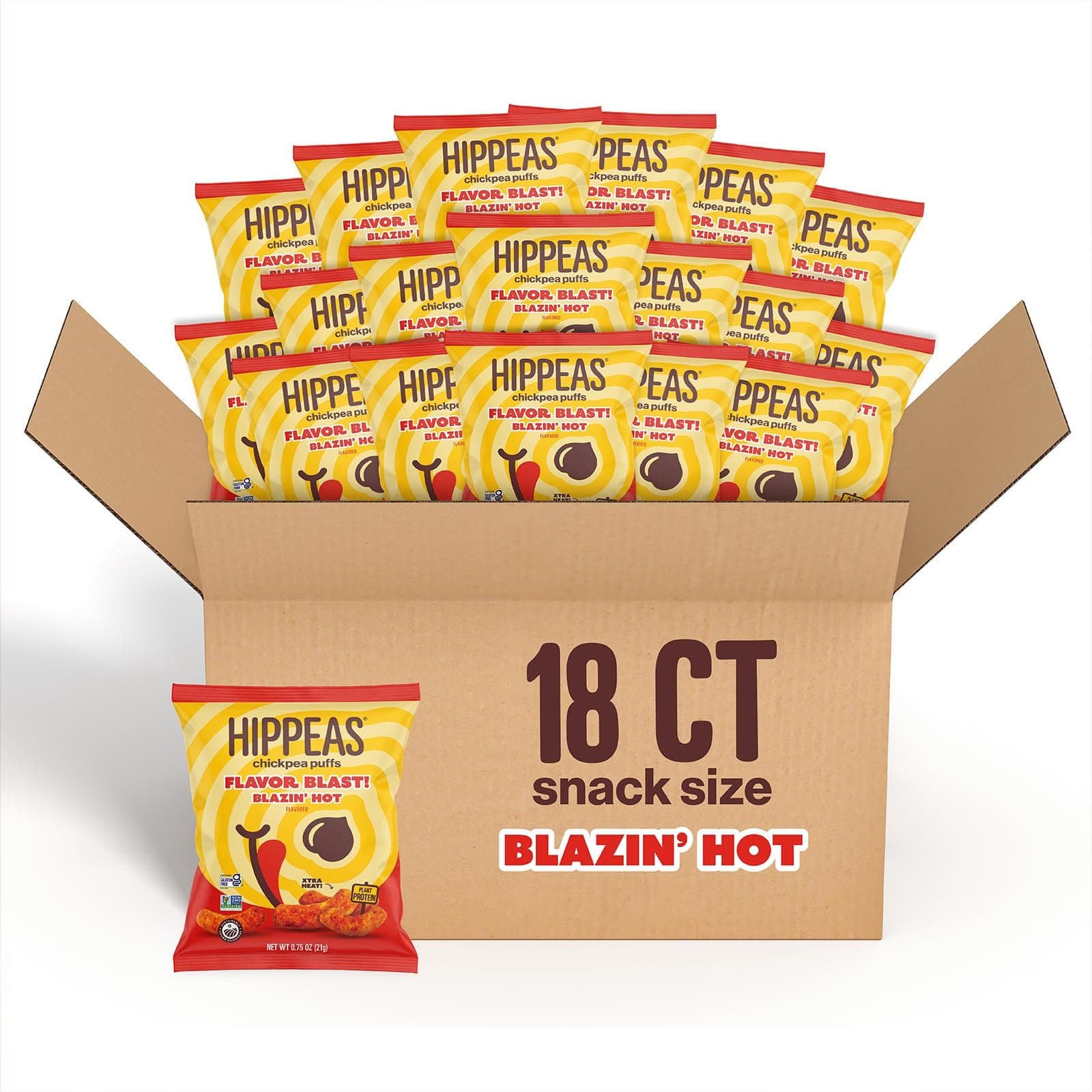 Chickpea Puffs, Flavor Blast: Blazin' Hot, 0.75 Ounce (Pack of 18), 3g Protein, 2g Fiber, Vegan, Gluten-Free, Crunchy, Plant Protein Snacks