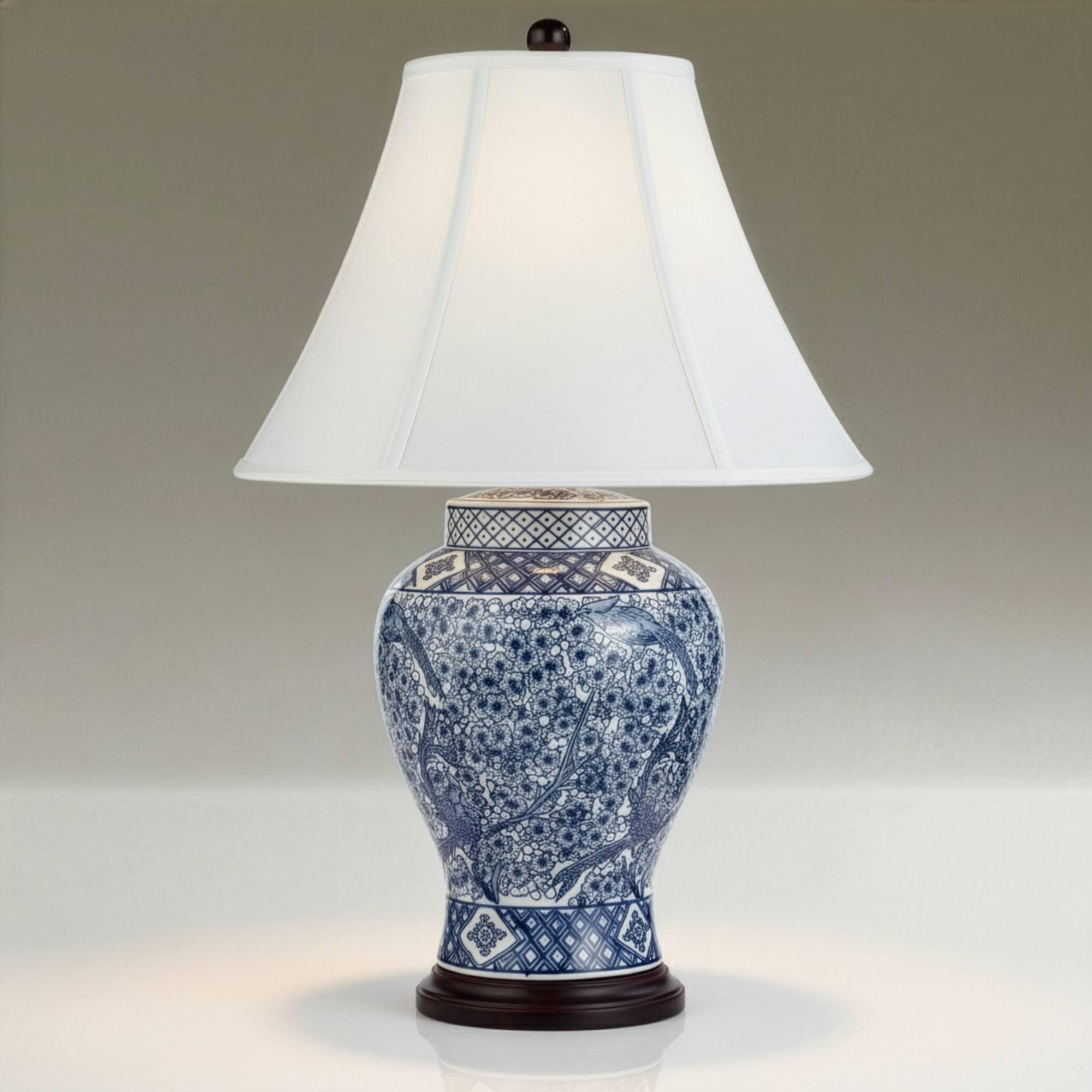 Barnes and Ivy Shonna Asian Chinese Ginger Jar Table Lamp 27" Tall Porcelain Blue White Bird and Branch Bell Shade Decor for Living Room Bedroom House Bedside Nightstand Home Office Entryway