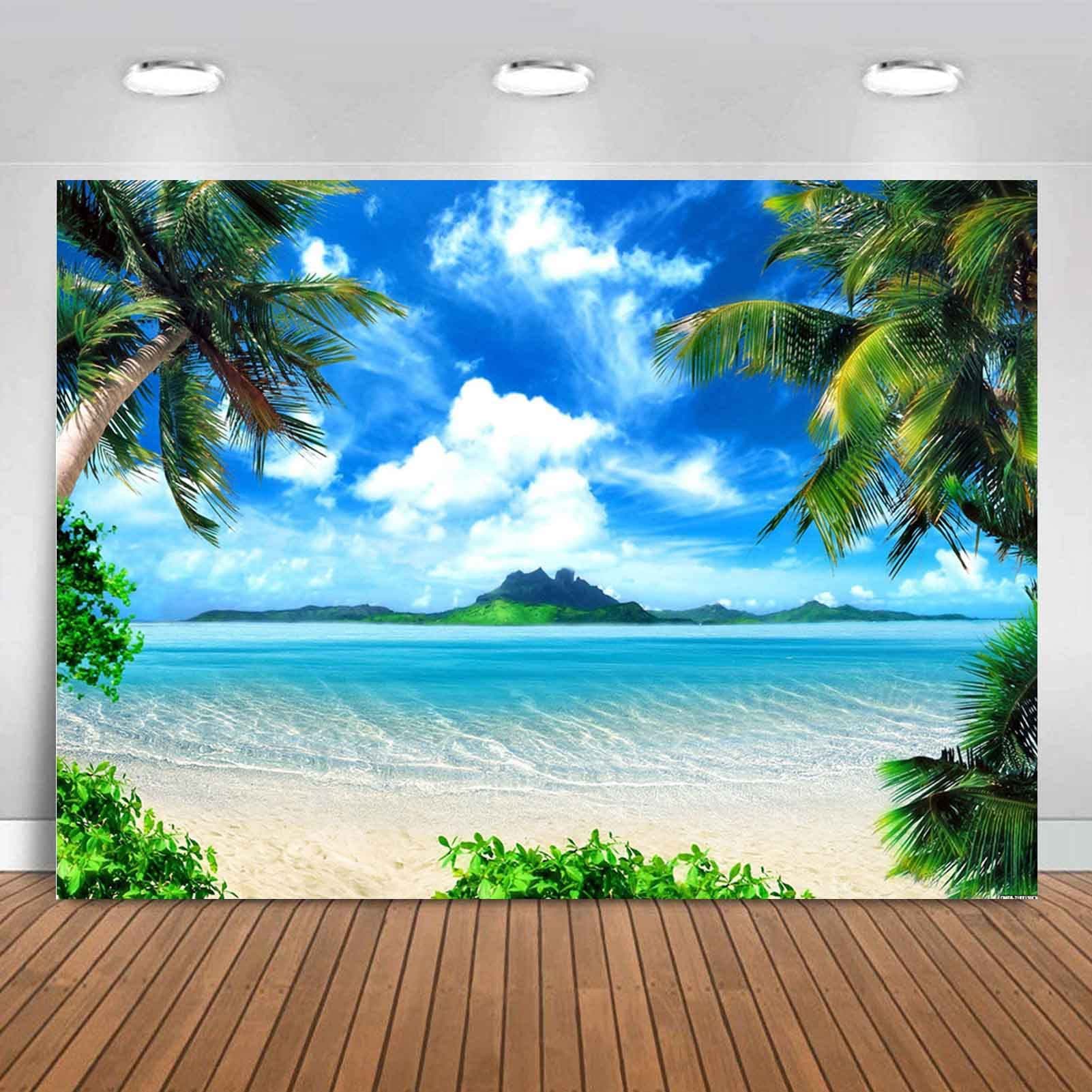Summer Theme Photo Ocean Blue Sky Seaside Tropical Palm Trees Luau Birthday Party Decor Banner 82x60in