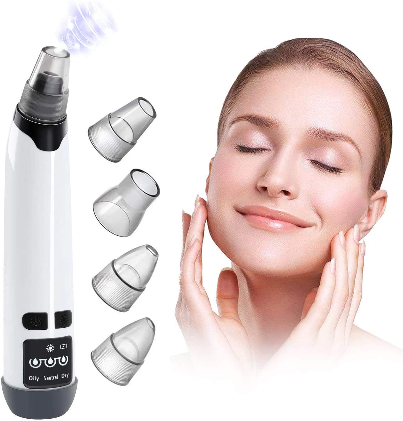 Aibeau Blackhead Remover Electric Blackhead Vacuum Suction Rechargeable Whitehead Remover Tool Kite Cleanser with 4 Replaceable Heads, Hot Pack Function and 3 Modes (White)
