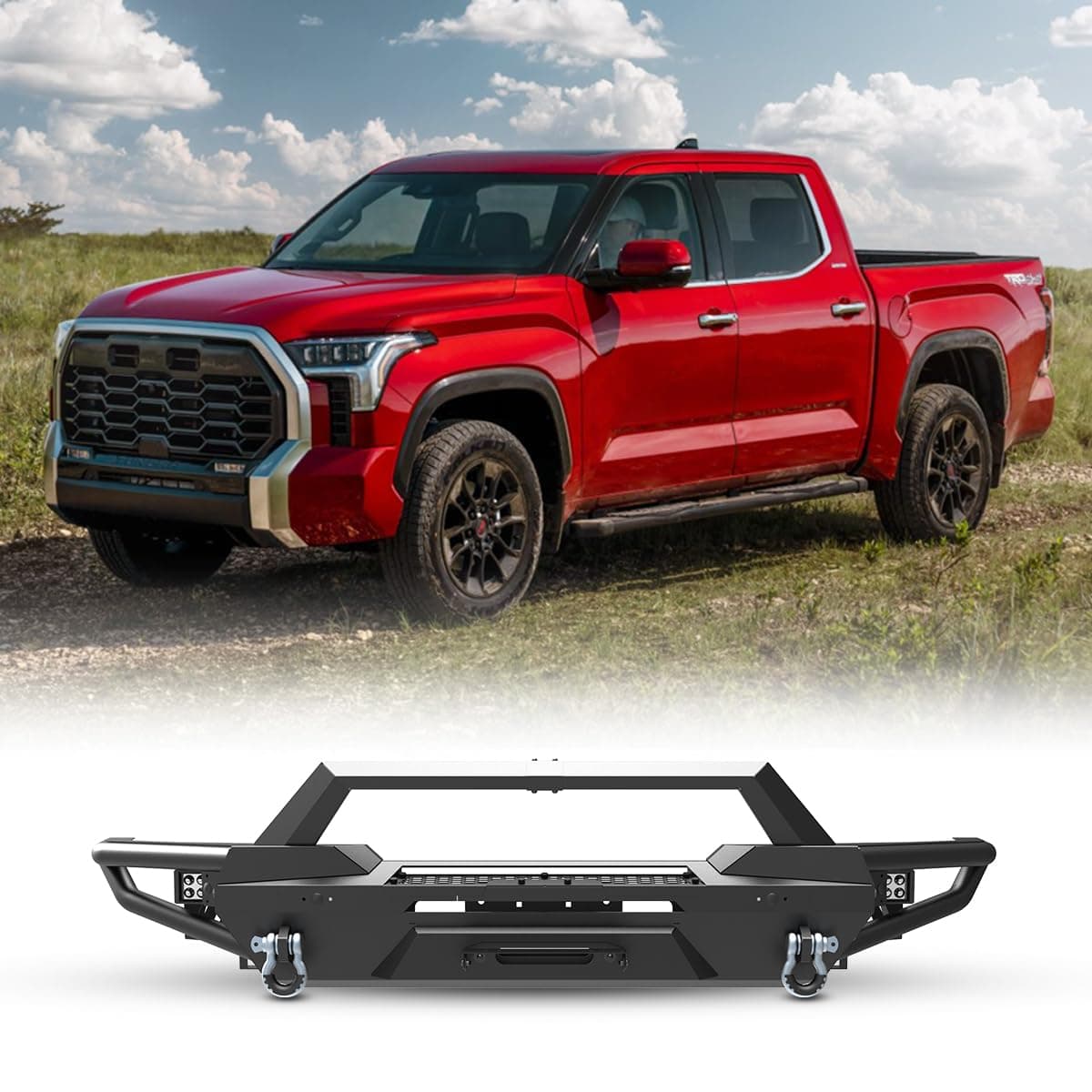Front Bumper Compitable for 22-24 Toyota Tundra Pickup Truck, w/LED Light Bar Brackets, D-Ring Shackles, Park Distance Sensor Hole, LED Pod Lights, Paintable Bumper+Side Wings+Bull Bar+Winch Plate