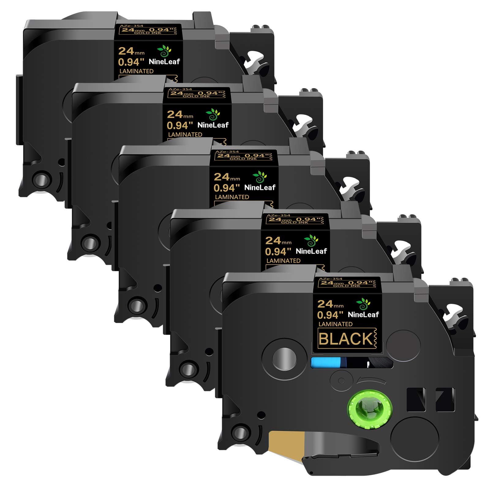 NineLeaf 5 Pack Compatible for Brother TZe TZe-354 TZ-354 TZ354 Label Tape Gold on Black Standard Laminated Tapes 24mm Work with P-Touch PT-D600 PT-P710BT 1500 1600 Label Maker 1 Inch x 26.2 Feet
