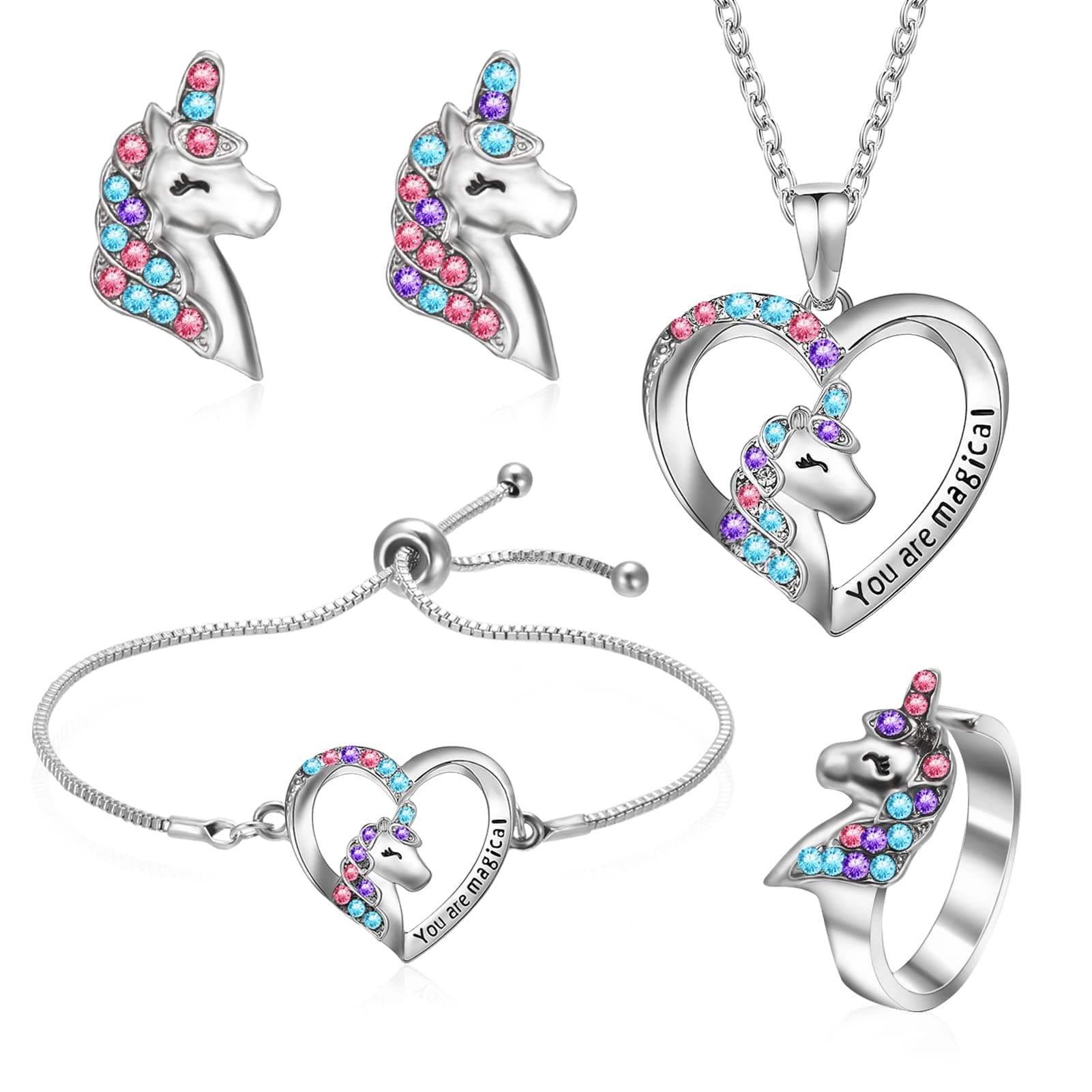 4 PCS Girls Jewelry Set Unicorn Mermaid Necklace Bracelet Set and Earrings Ring with Present Box Jewelry Favors Set Birthday Gift for Little Girl Daughter Granddaughter Niece (FBWOY6163)