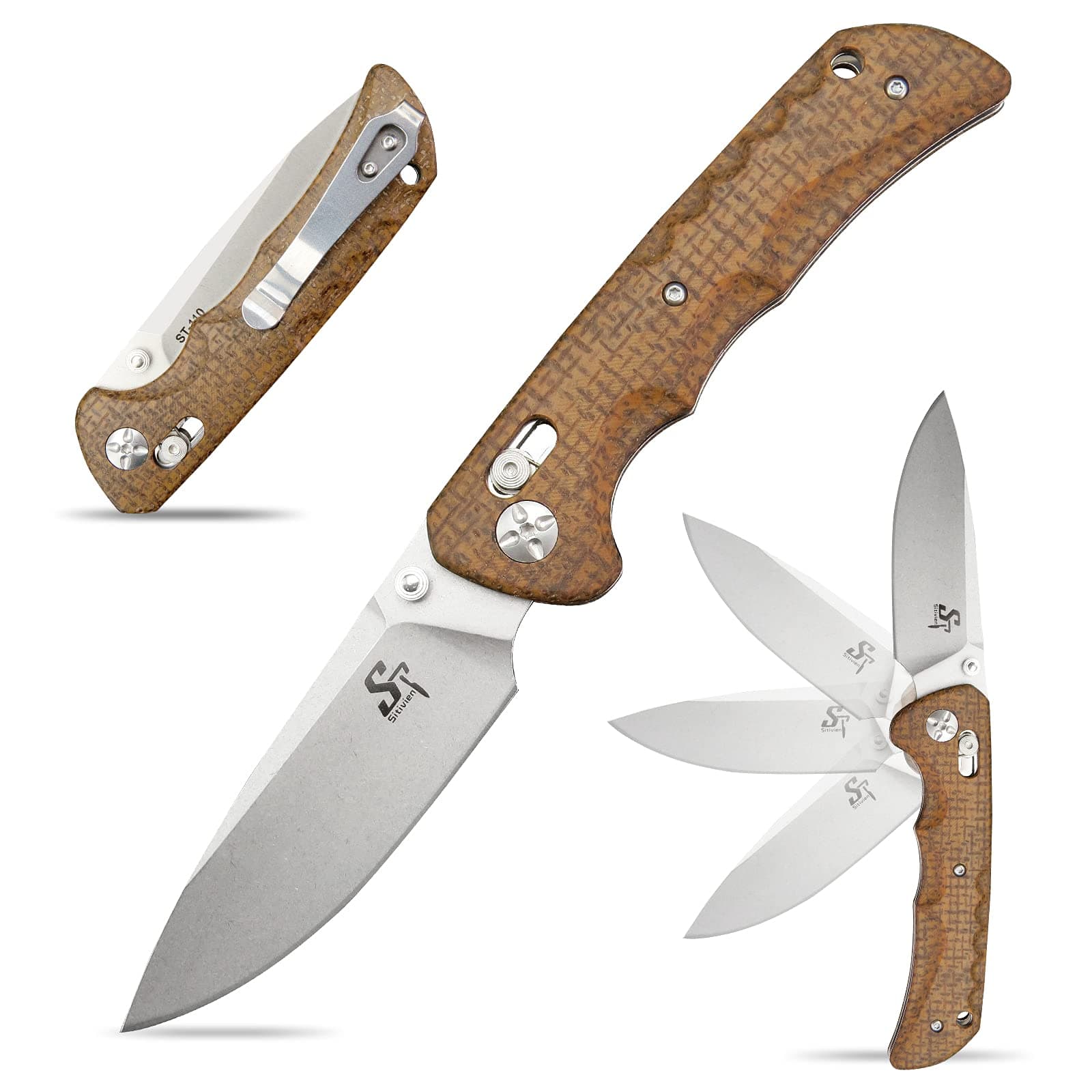 Sitivien ST110 Folding Knife, D2 Blade and Micarta Handle Pocket Knife, EDC Tool Knife with Pocket Clip for Outdoor Camping Hiking Survival(Brown) …