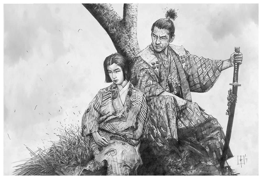 Giclee print of Miyamoto Musashi from a pencil drawing of Toshiro Mifune