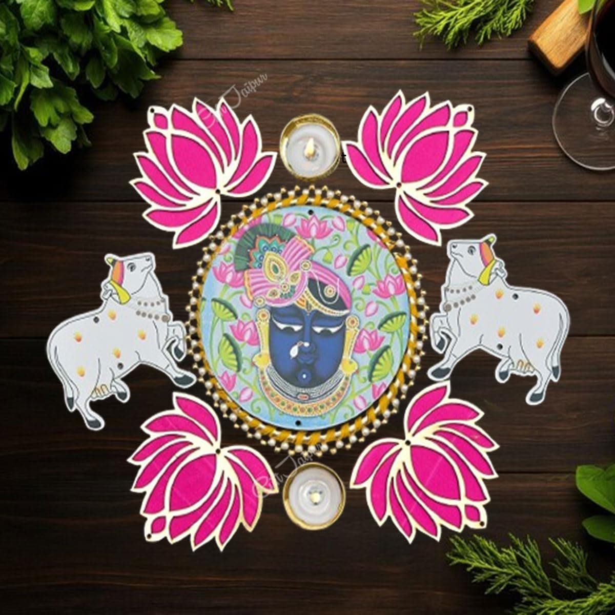 7 Pc Pink Lotus Shrinathji and pichwai Cow Cutouts diyas Rangoli Deepak Diyas Home Temple Decorations for Diwali, Dusshera Wedding Pooja Festival New Year Gift
