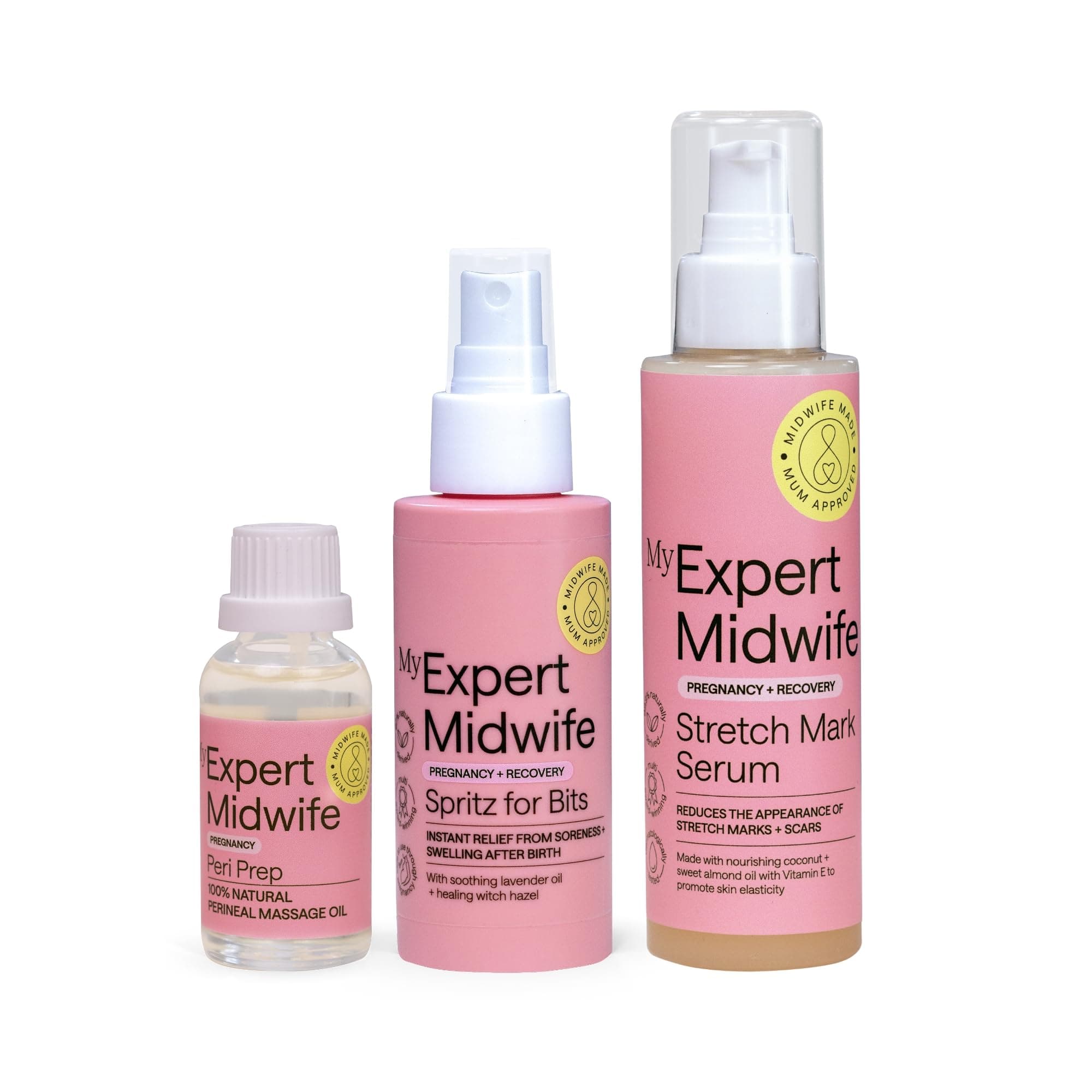 My Expert Midwife Pregnancy and Birth Essentials - with Fantastic Skin Elastic Stretch Mark Cream, Peri Prep Perineal Massage Oil and Spritz for Bits Postnatal Relief Spray