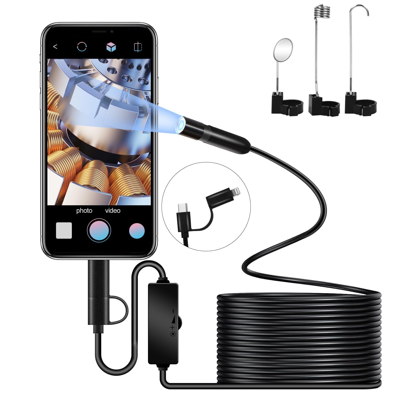 Endoscope Camera with Light,1920P Hd Borescope with 8 Adjustable Led Lights, Borescope Camera with 16.4Ft Semi-Rigid Snake Cable, 8mm IP67 Industrial Waterproof Inspection for iPhone & Android