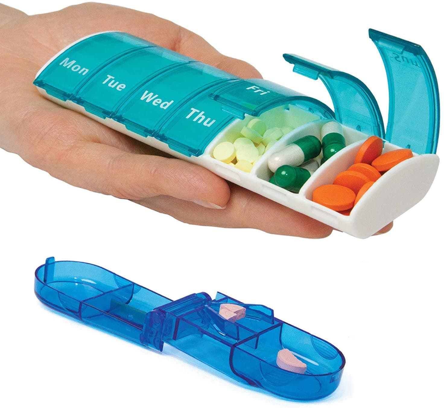 VVB Medicine Weekly Pill Organizer and Pill Cutter- Best BPA Free Daily Pill Organizer for Travel - Pill Cutter for Small Pills and Pill Box 7 Days - Cute Pill Box - Portable Medication Pill Box
