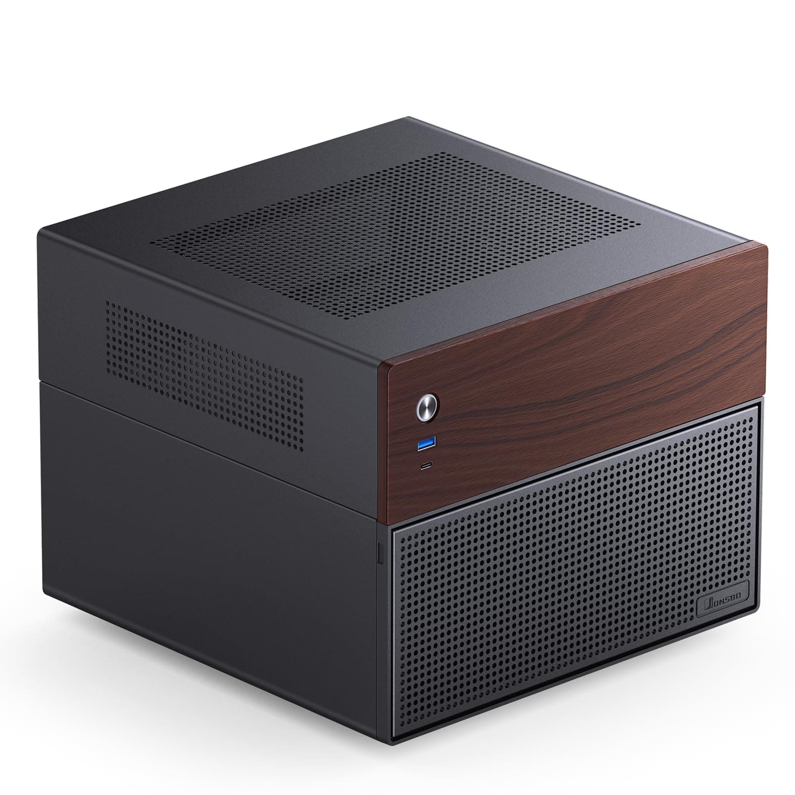 JONSBO N4 Black NAS PC Case, Walnut Wood, 8 Drive Bays/6 x 3.5" HDD (4 Hot-Swap, 2 Without Hot-Swap), 2 x 2.5 SSDs, Micro ATX Chassis, USB3.2Gen2Type-C, 1x120mm Fan Built-In Black