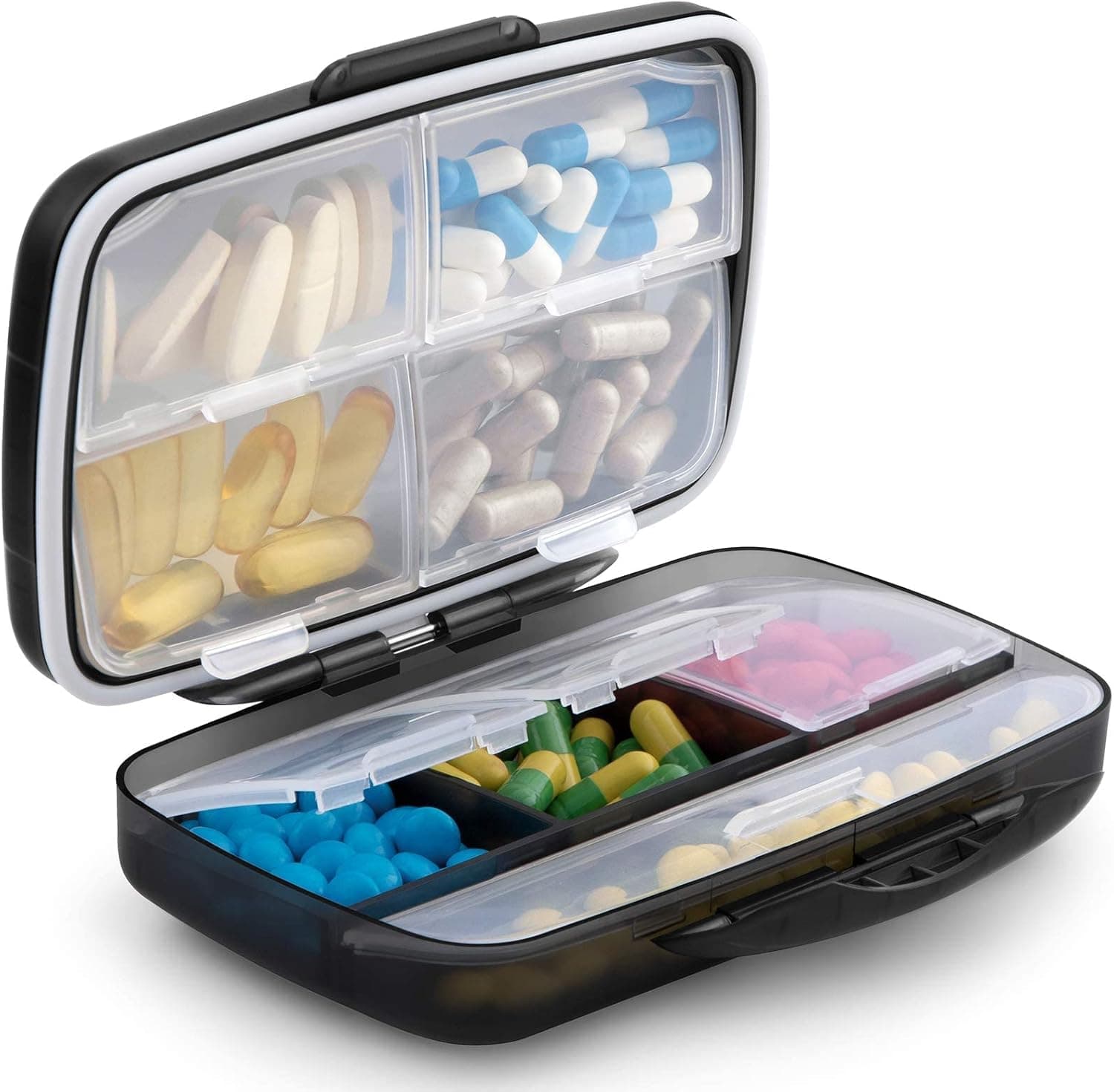 Fullicon Moisture Proof Medicine Organizer, XL Pill Organizer with Strong Hinge, Spill Proof Pill Box with Secure Lock, Travel Medicine Box, Medicine Organizer Box Storage Container with Label (Black)