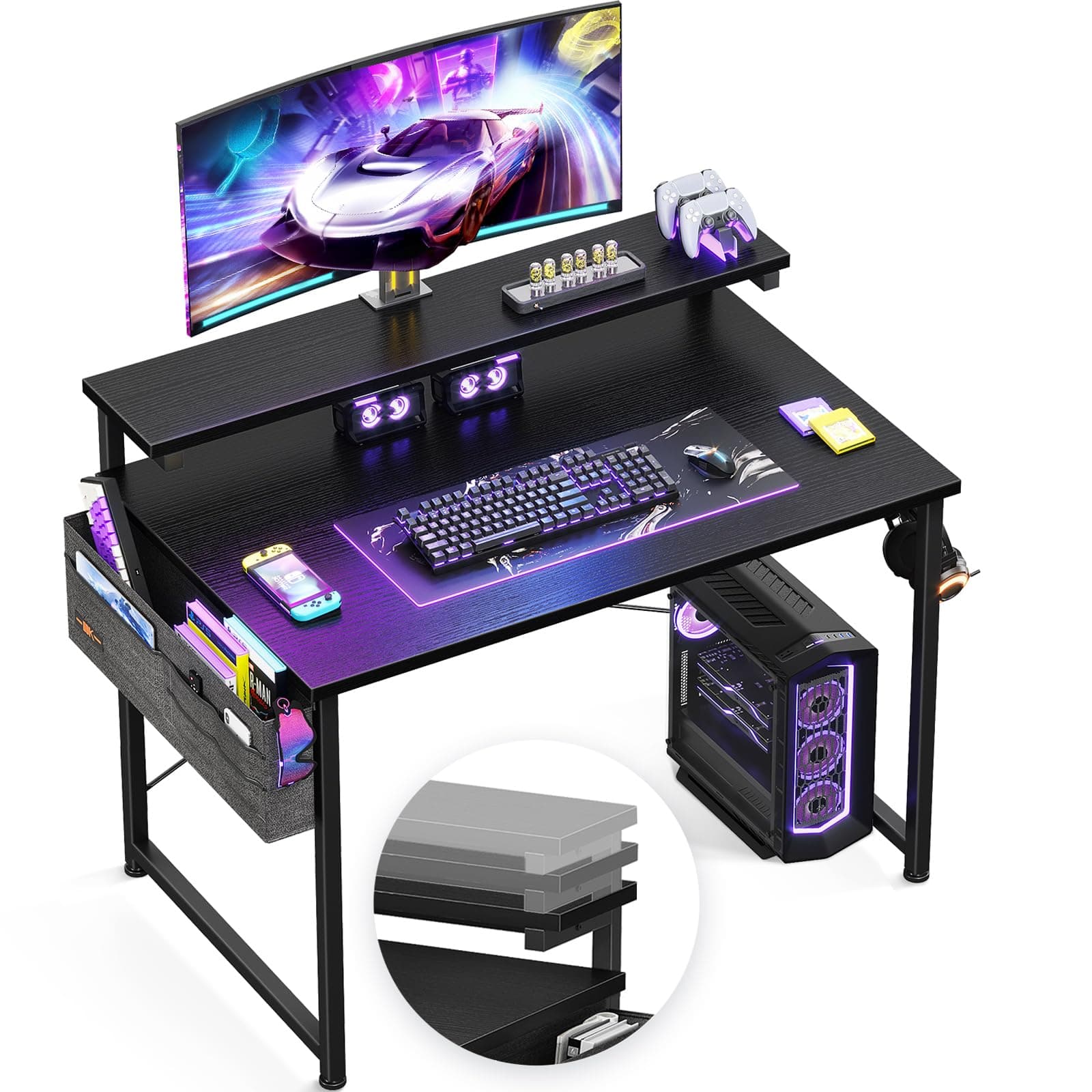 ODK Computer Desk with Adjustable Monitor Shelves, 40 inch Home Office Desk with Monitor Stand, Writing Desk, Study Workstation with 3 Heights (10cm, 13cm, 16cm), Black