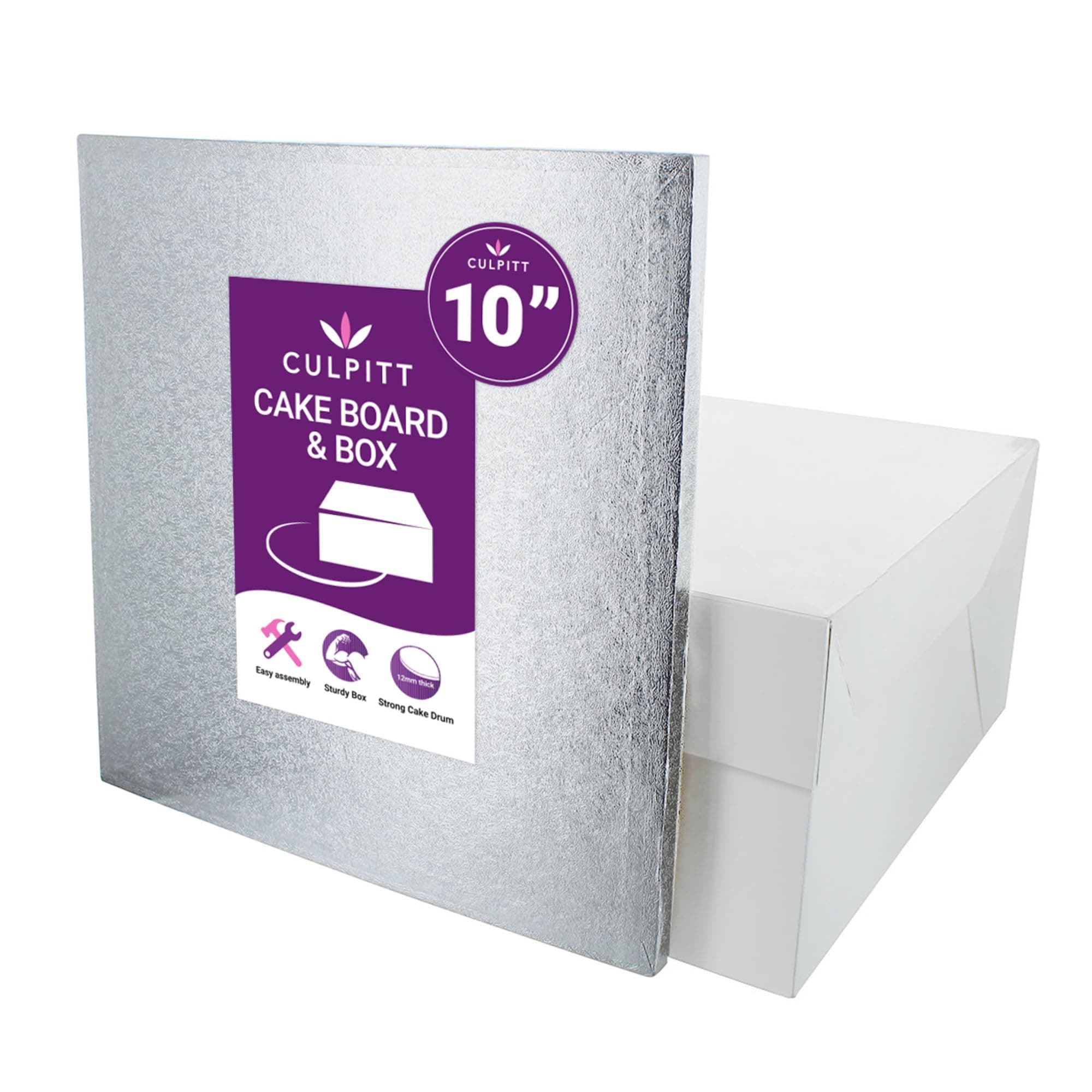 Culpitt 10" Square Silver Cake Drum Board & White Cake Box Combo, 10 Inch Box and Matching Board Set For Cake Transport