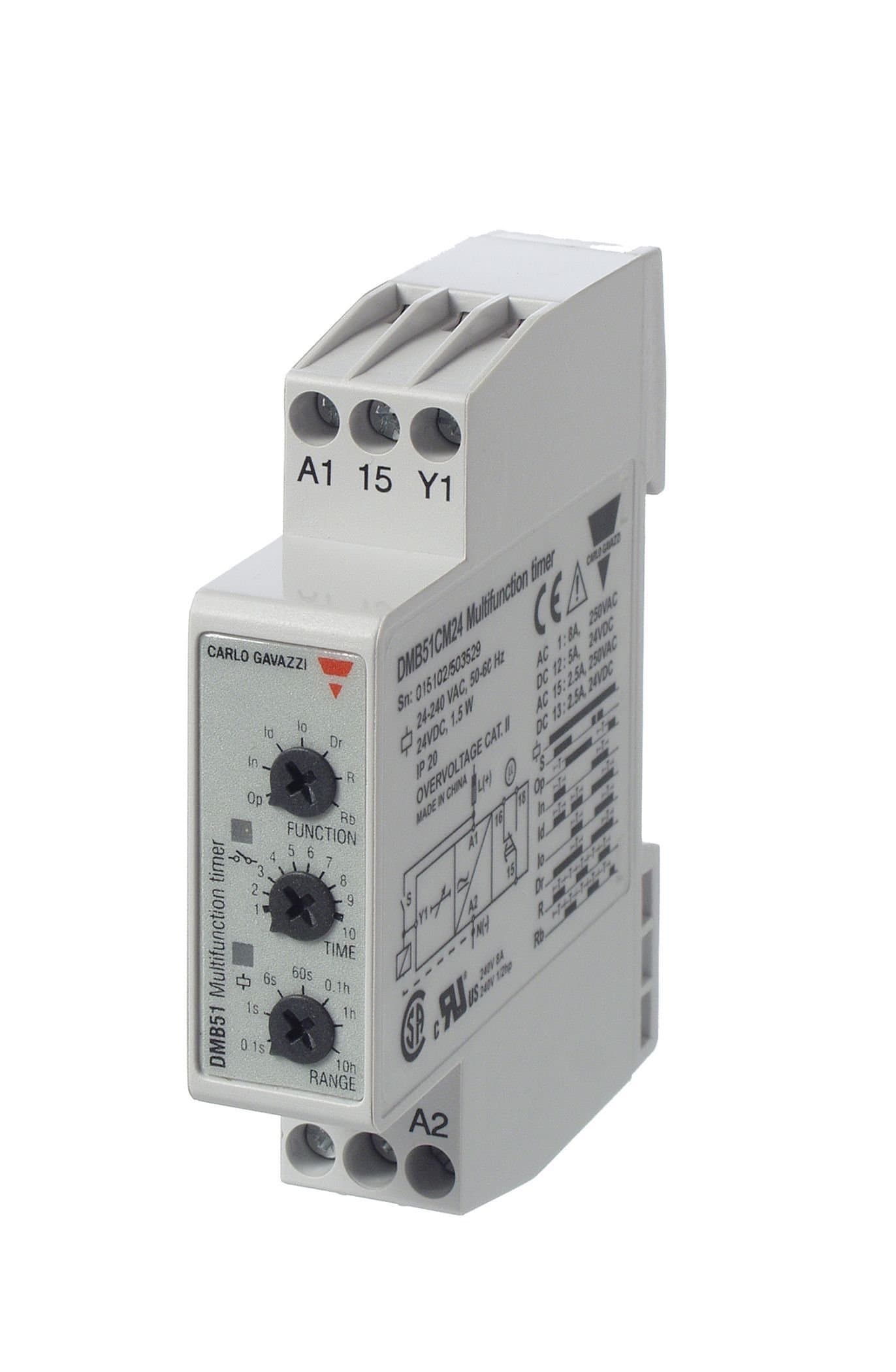 CARLO GAVAZZI DMB51CM24 Mini Multi Function Timer, Slim 17.5 mm Width, Seven Timing Functions, Adjustable Timer Setting, 0.1 Seconds to 100 Hours with Six Sub- Ranges, 24-240 VAC/DC, SPDT 5 amp Contact Output, Diagnostic LEDs, 2.6 oz. Size, 24 mm Height x 99 mm Width x 73 mm Diameter