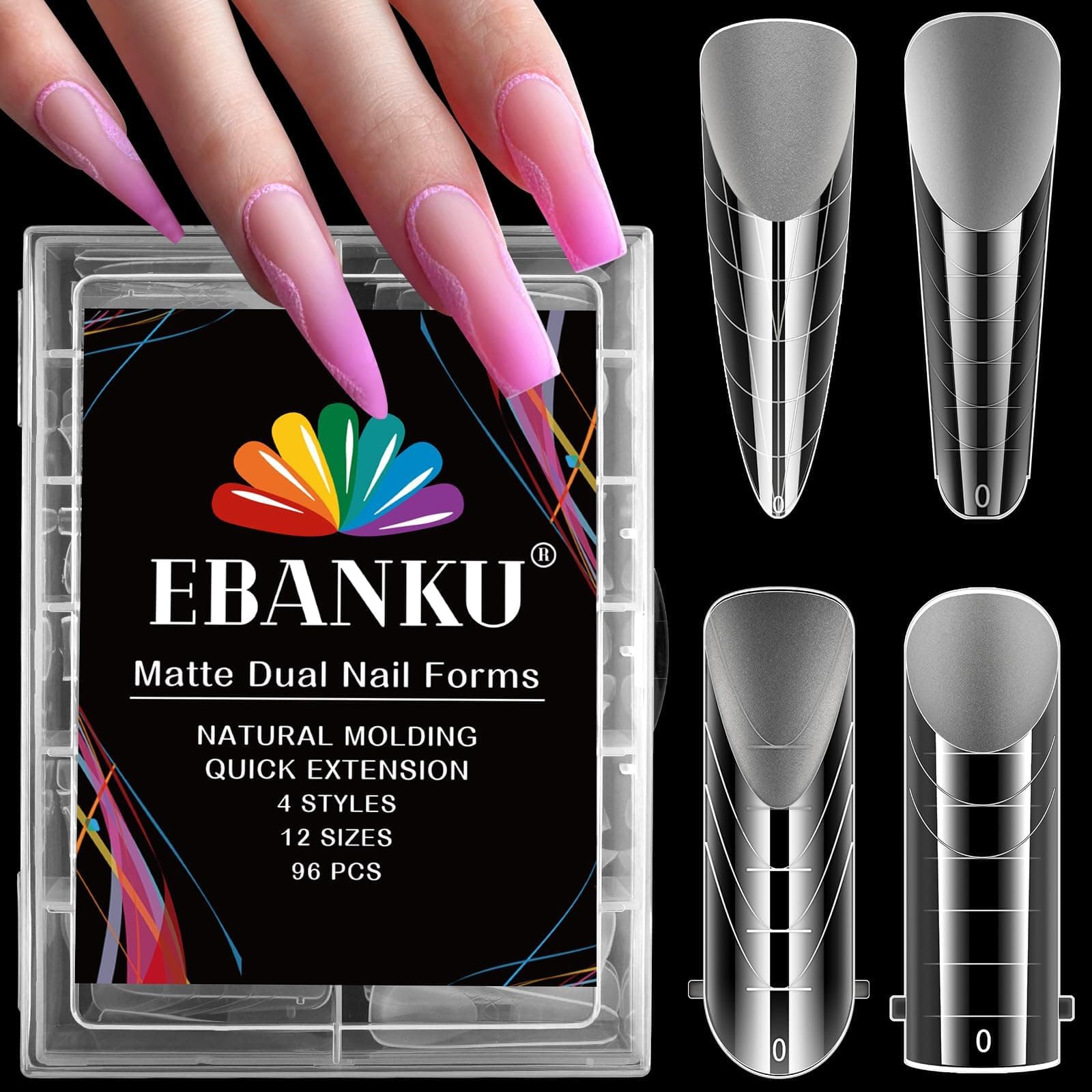 EBANKU 96PCS Clear Dual Nail Forms System Full Cover Nail Mold Tips Acrylic Nail Extension Tools for Nail Art Salon Nails Design(4 Styles)