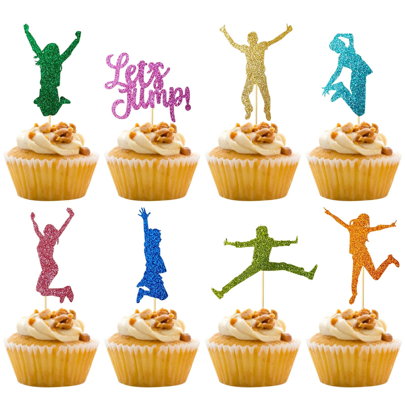24Pcs Let's Jump Themed Cupcake Toppers Cake Picks for Bounce House Trampoline or Jumping Birthday Wedding Party Decorations Favors Supplies