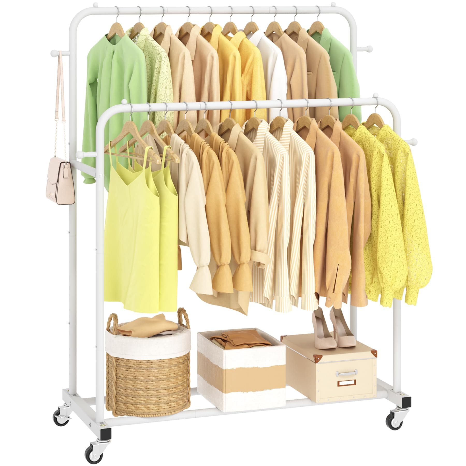 Laiensia Double Rods Garment Rack with Wheels, Clothing Rack for Hanging Clothes,4 Hooks, Multi-functional Bedroom Clothes Rack, White