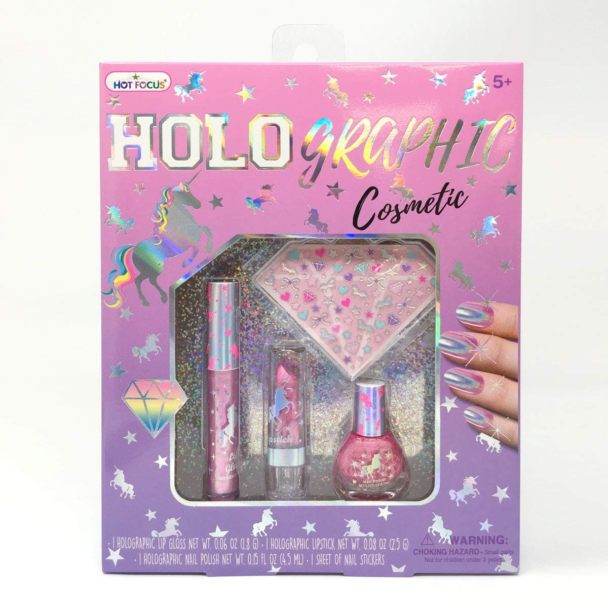 Hot Focus Holographic/ Iridescent Effect Cosmetic Set, Unicorn â€“ 1 Nail Polish, 1 Lip Gloss, 1 Lipstick. Water-Based Non-Toxic Peel Off Nail Polish