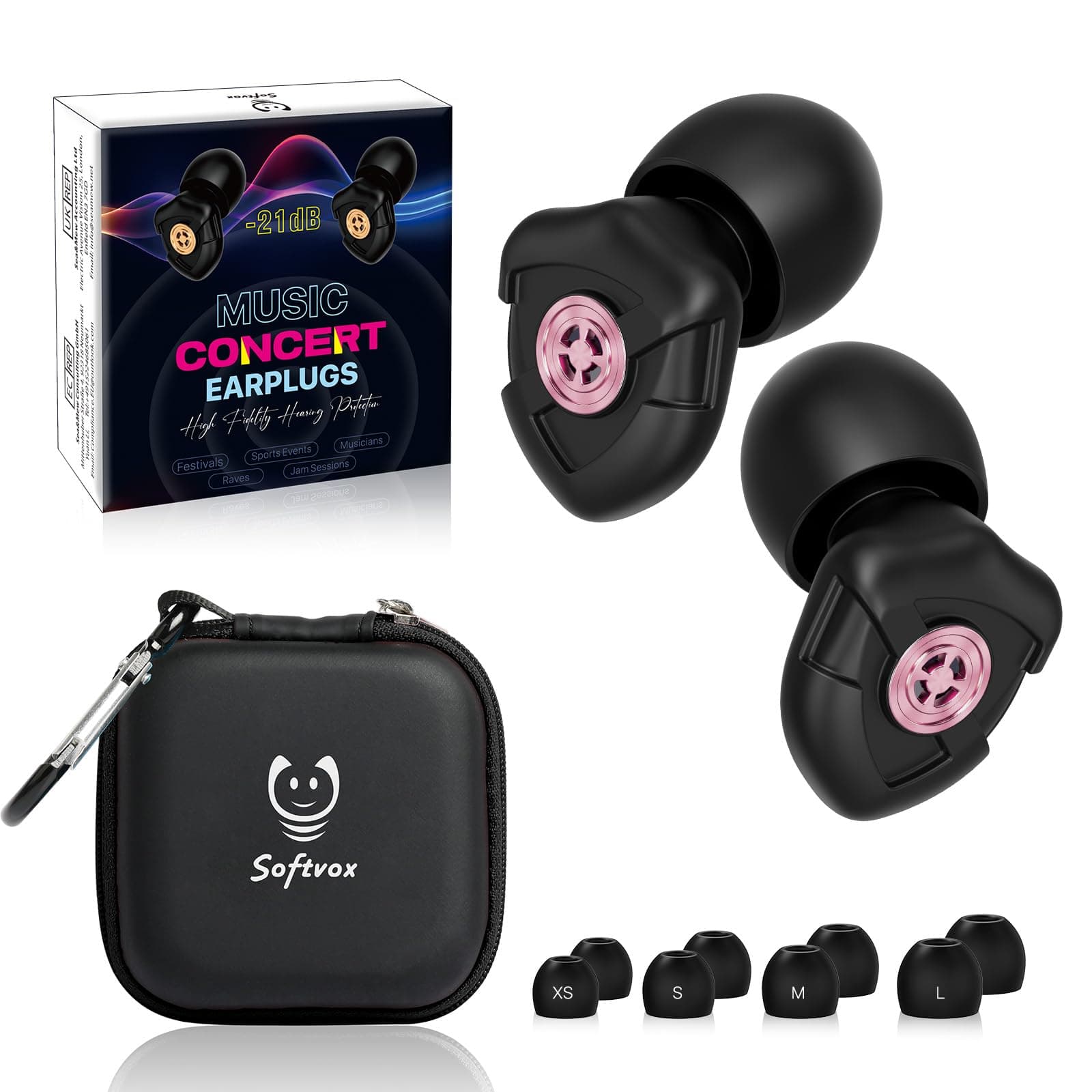 Concert Ear Plugs, High Fidelity Hearing Protection for Safe Noise Reduction, Festivals, Raves, Musicians, Sports Events, Live Entertainment – 21dB Noise Cancelling– 8 Ear Tips in XS, S, M, L