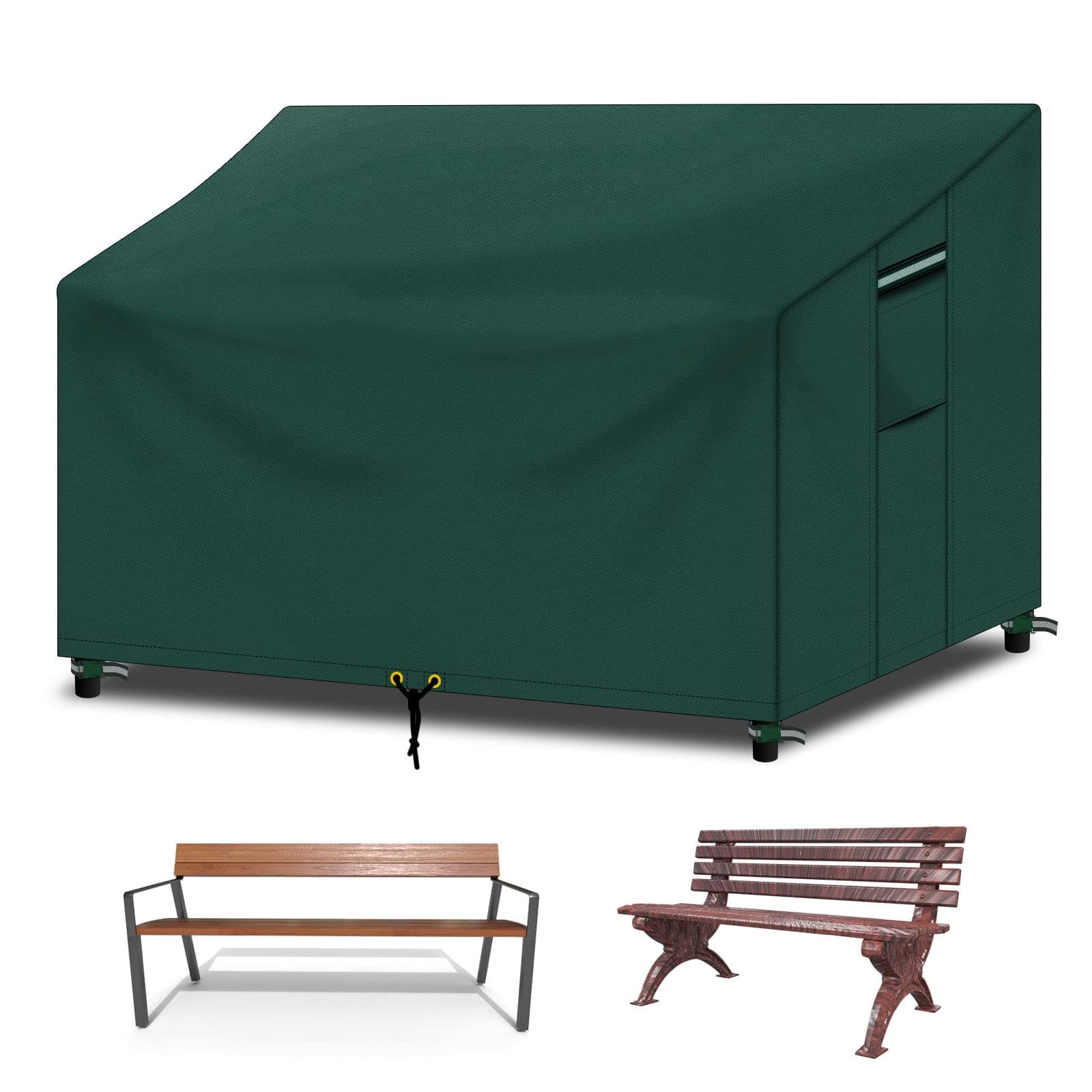 RICHIE Bench Covers Waterproof 2 Seater with Air vent, Windproof Anti-UV Tear-proof Heavy-duty 600D Oxford Fabric and PVC Lining, 2 seater Outdoor Bench Cover Sofa Cover (134x66x63/89cm) - Green