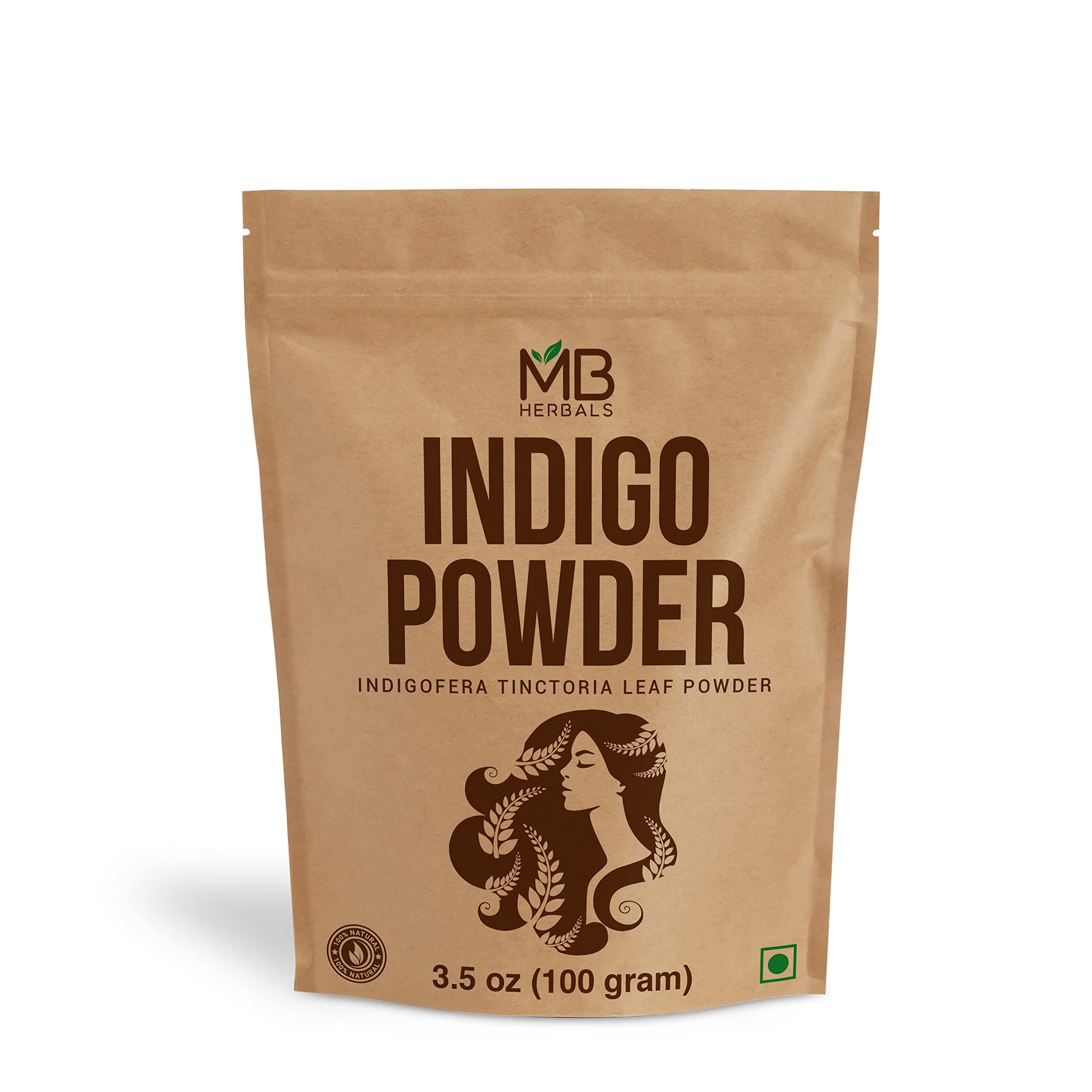 MB Herbals Indigo Powder 100 Gram for Hair Color (3.5 oz) | 100% Pure Indigofera tinctoria Leaf Powder | Serves 2 Applications for Shoulder Length Hair