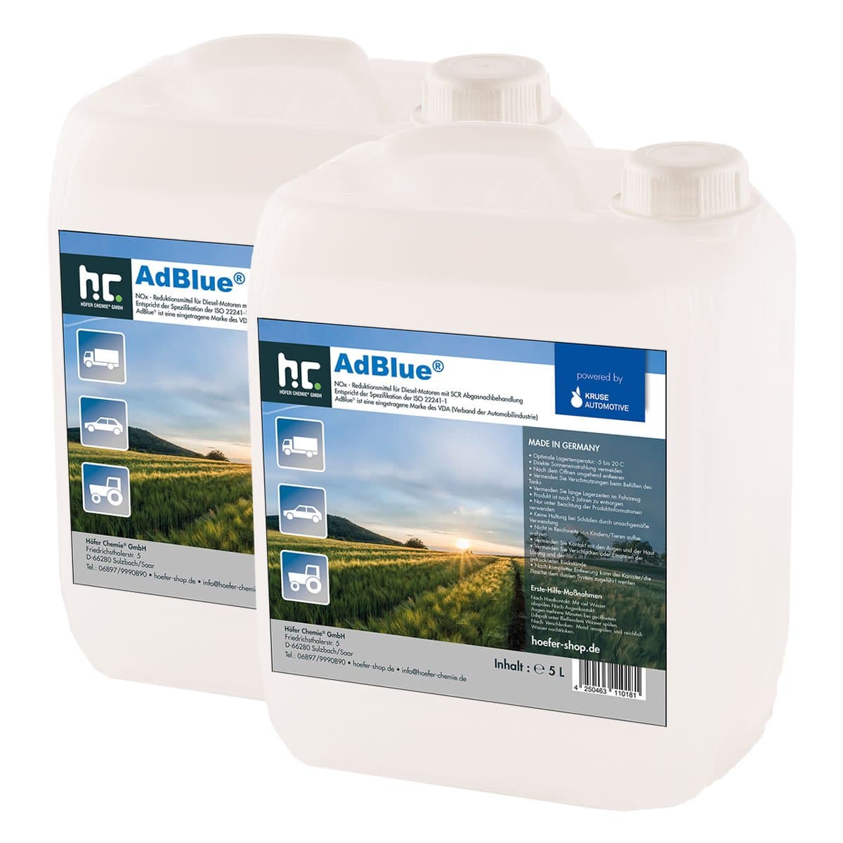 AdBlue® urea solution, 2 x 5 litre, car by Kruse, 90 %, at SCR, automotive, reduces emissions of nitrous oxide systems, Höfer Chemistry