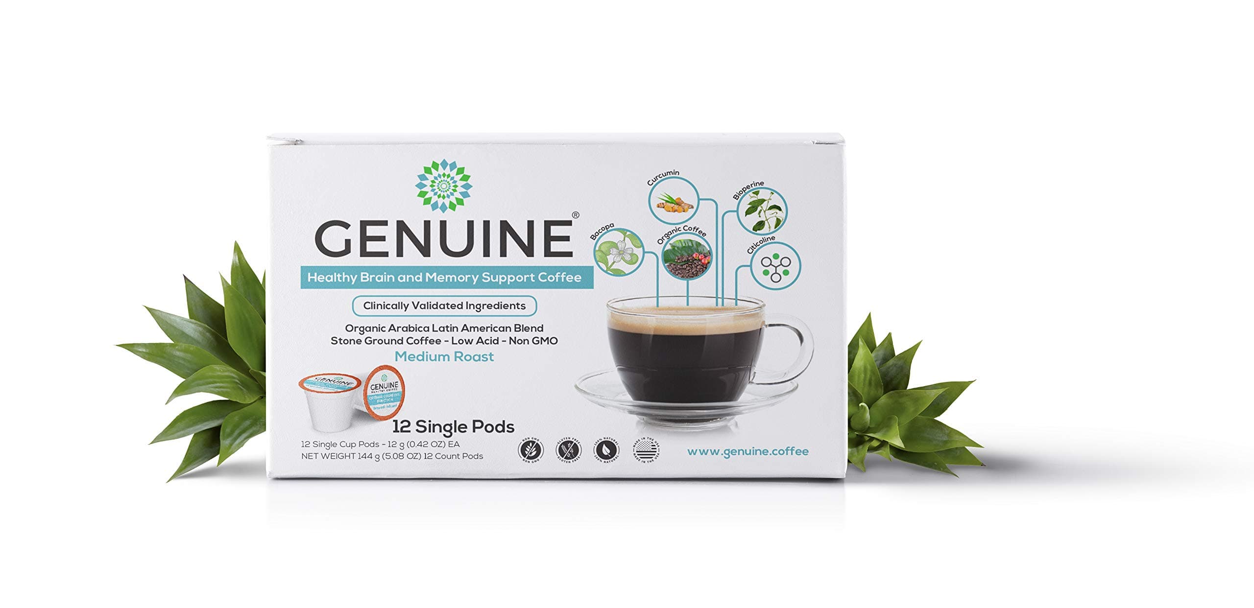 GENUINE HEALTHY BRAIN Coffee for Optimal Cognitive Function, Creativity & Focus; Organic Non-GMO 100% Arabica Grade Latin American Stone-Ground Coffee, Medium Roast, Low Acidity (12 Single Cup Pods)