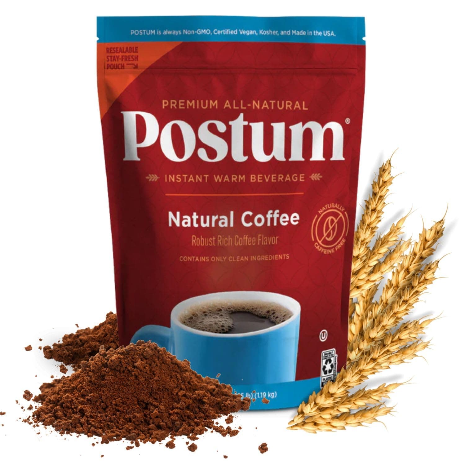 Postum Natural Coffee Flavor Coffee Substitute Pouches (42oz) Coffee Alternative Caffeine Free with Roasted Wheat Bran & Molasses | Non-GMO, Vegan Coffee Replacement Drink | Gourmet & Pantry Pack