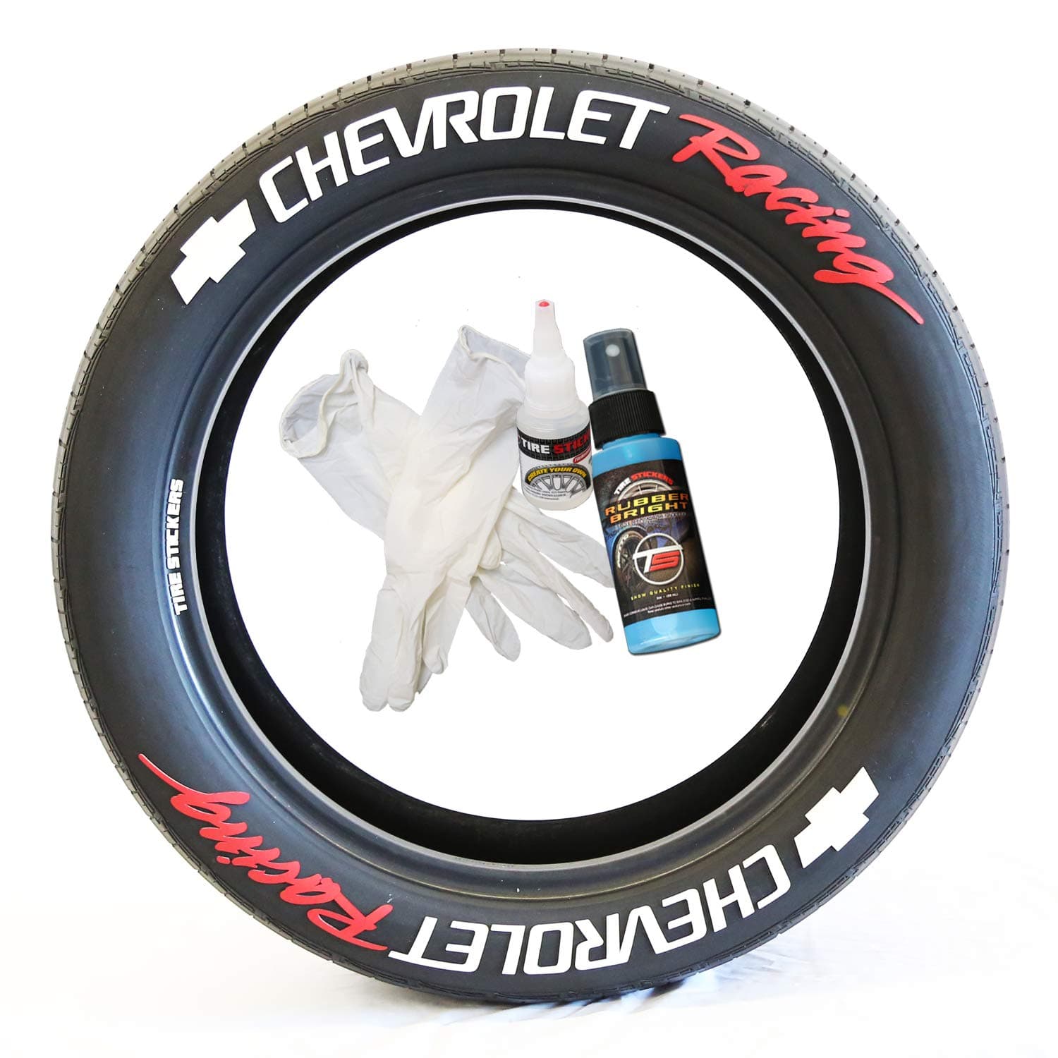 Chevrolet Racing - DIY Permanent Rubber Tire Lettering Kit with Glue & 2oz Bottle Touch-Up Cleaner / 19-21 Inch Wheels / 1.25 Inches/White/Red / 8 Pack