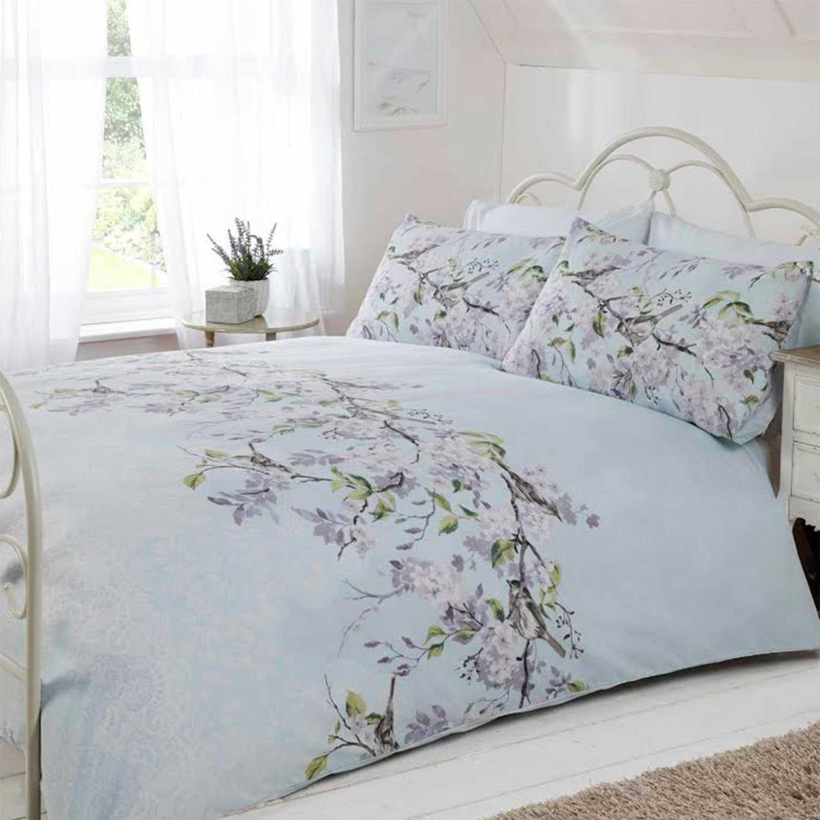 Just Contempo Pretty & Soft Duvet Cover Set with Cherry Floral Pattern-Bedroom, Polyester-Cotton, Duck Egg Blossom, Double