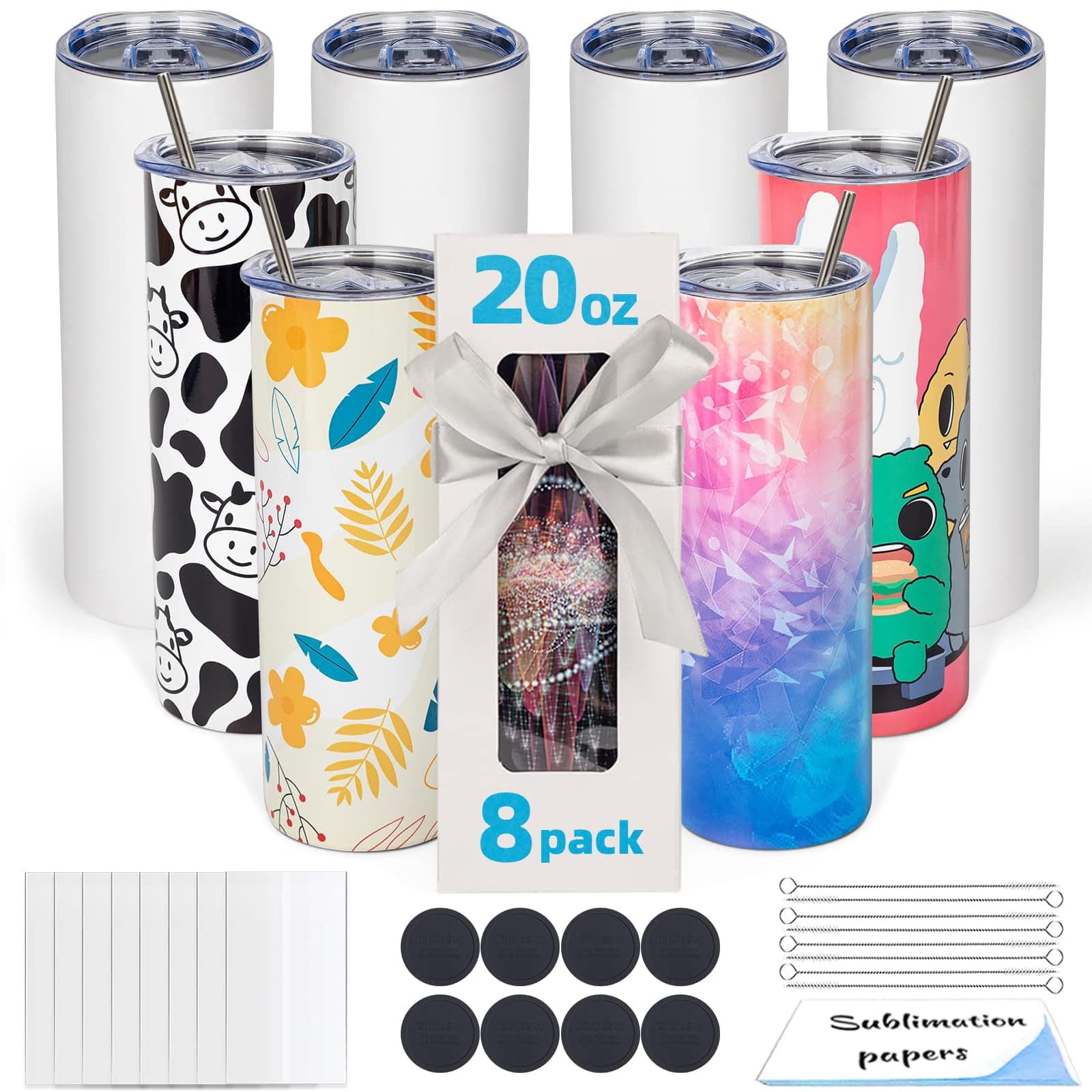 8 Pack 20oz Sublimation Tumbler Blanks Skinny Straight in Bulk, Stainless Steel Insulated Sublimation Tumbler with Polymer Coating for Heat Transfer, With Lid, Straw, ribbon, Gift box