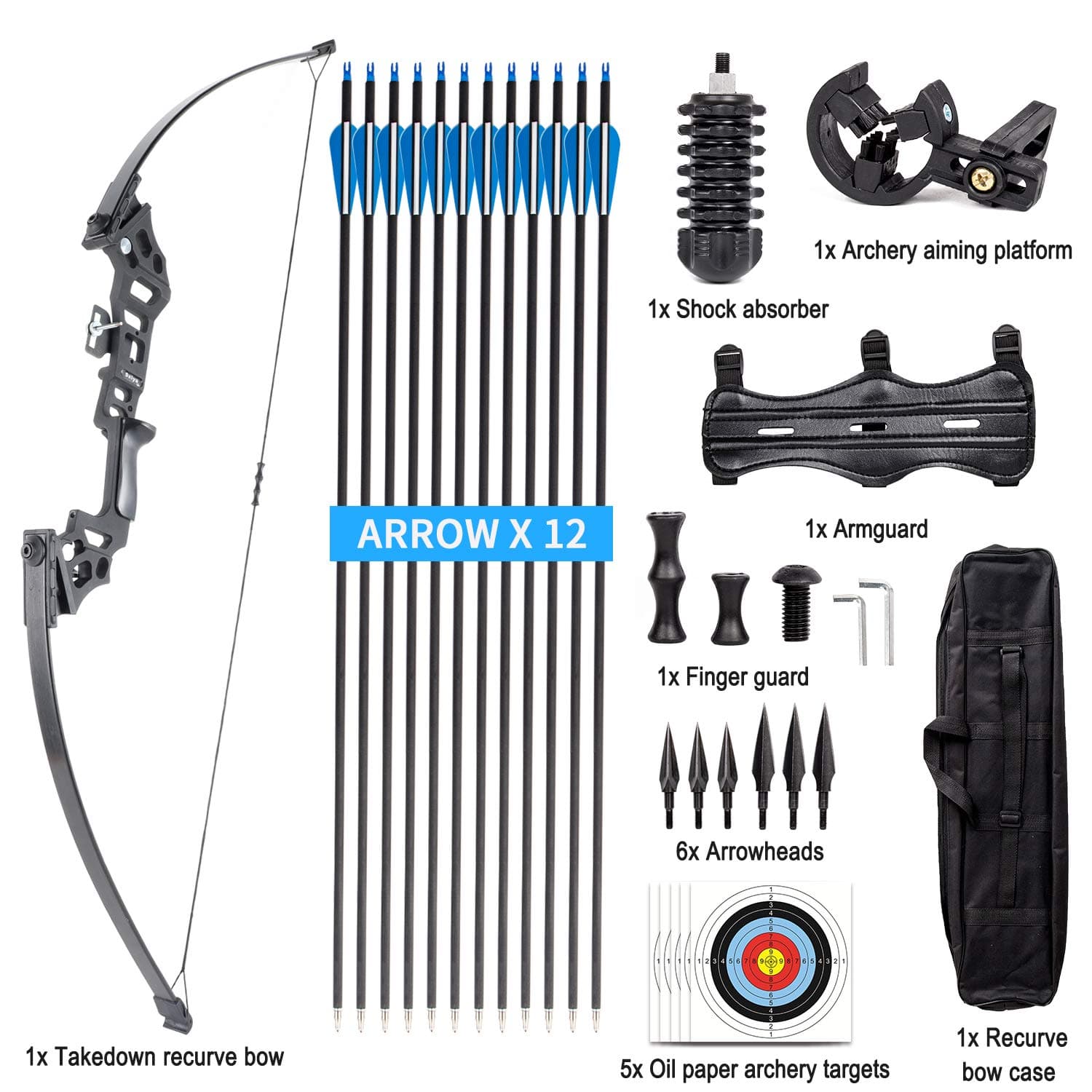 Archery Recurve Bow, Takedown Recurve Bow with Arrow Sets for Adult, 40 lbs Right Hand Archery Hunting Long Bow Kit (Alloy, 36g)